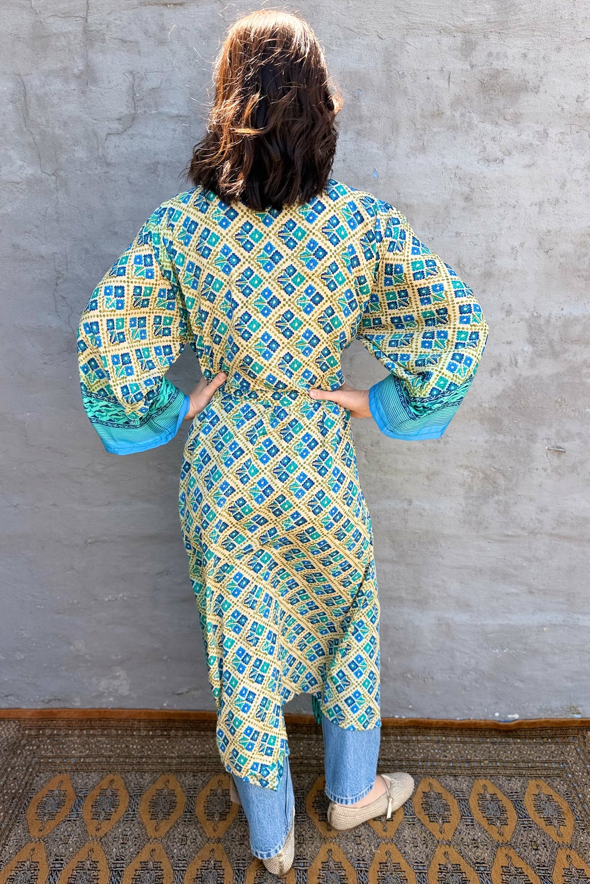 Upcycled Silk Sari Kimono In Aqua Geometric