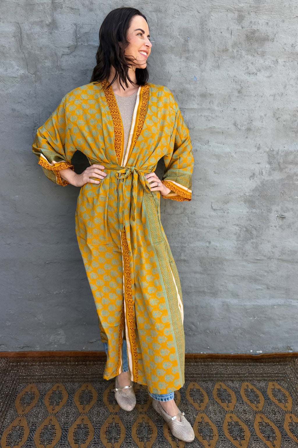 Upcycled Silk Sari Kimono In Golden Aqua