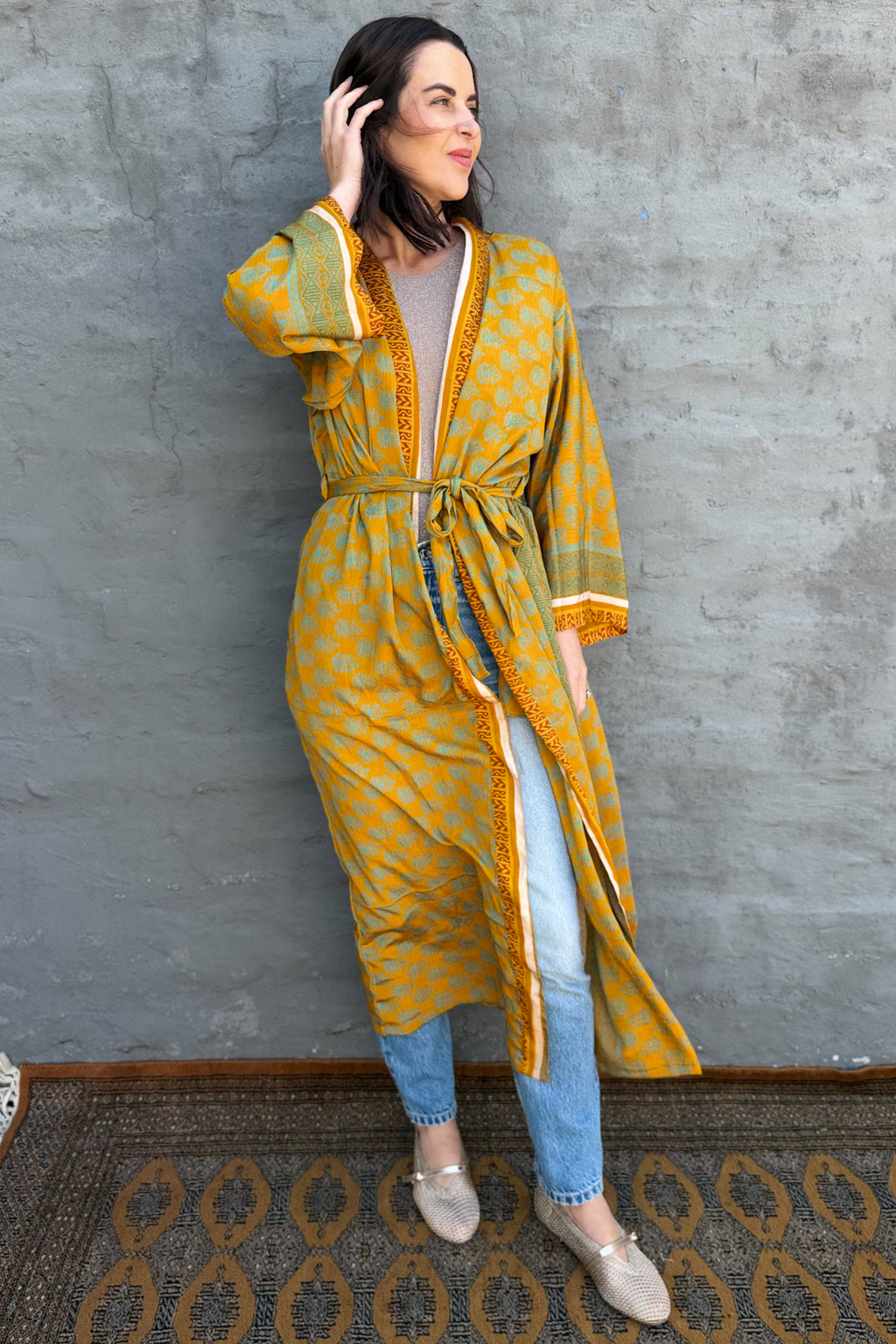 Upcycled Silk Sari Kimono In Golden Aqua