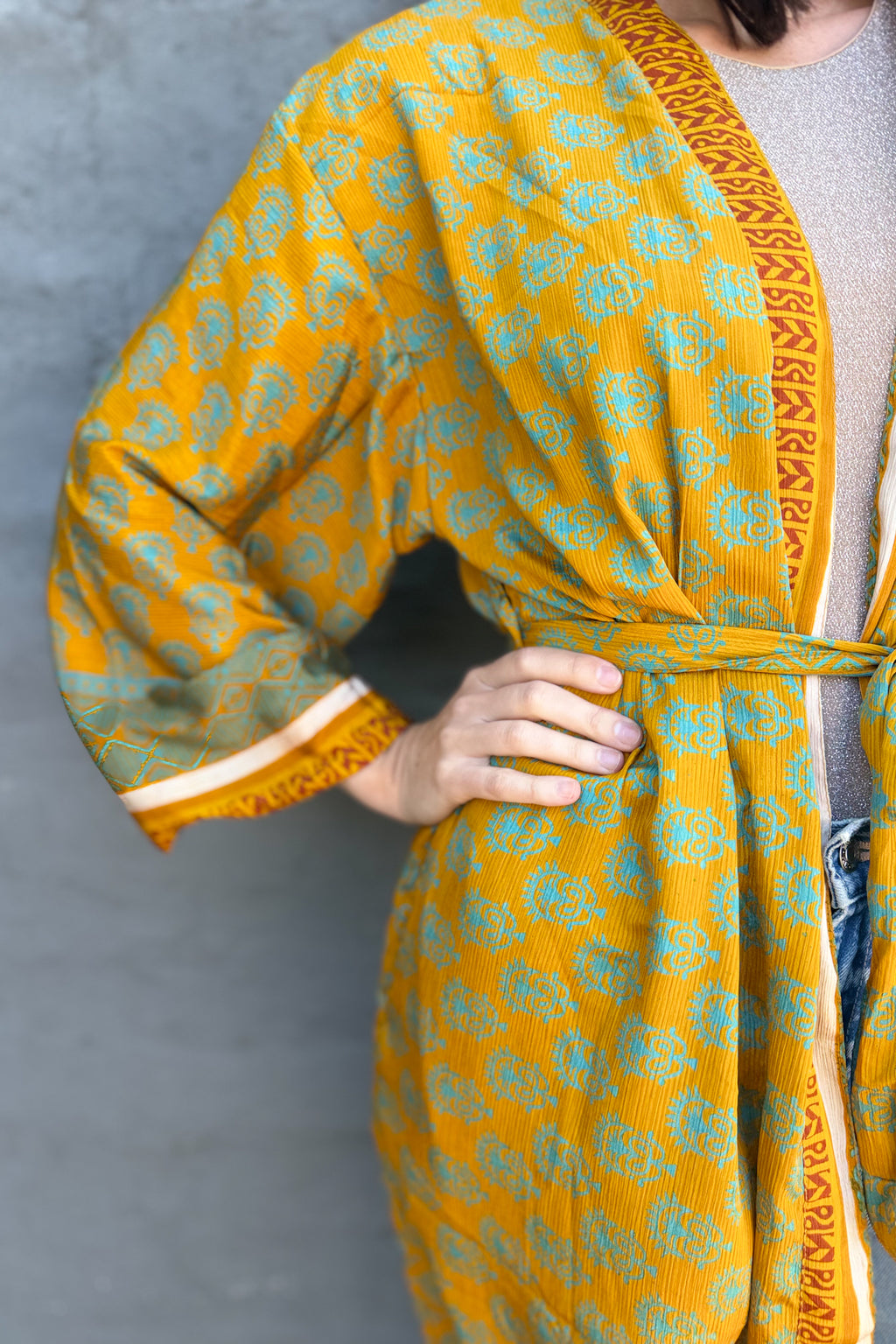 Upcycled Silk Sari Kimono In Golden Aqua
