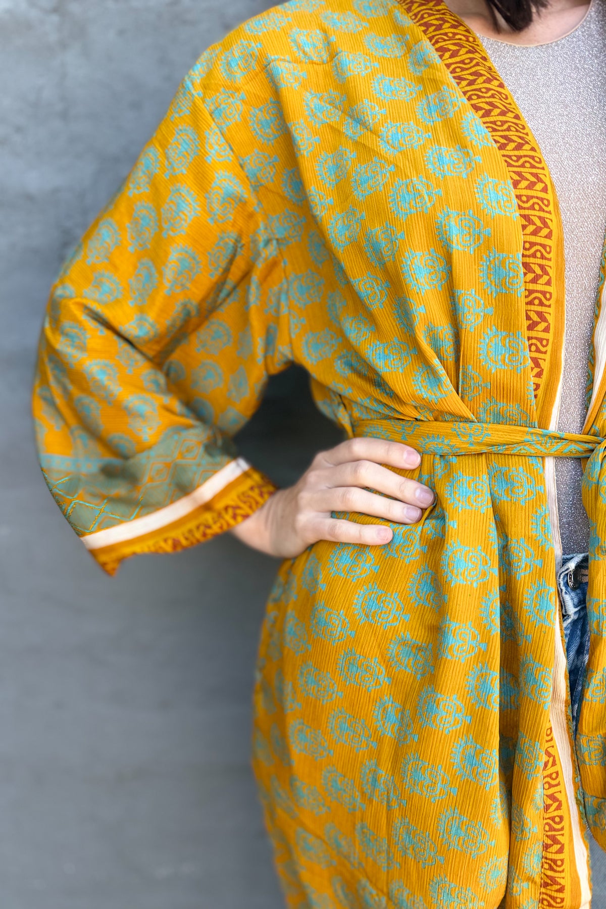 Upcycled Silk Sari Kimono In Golden Aqua
