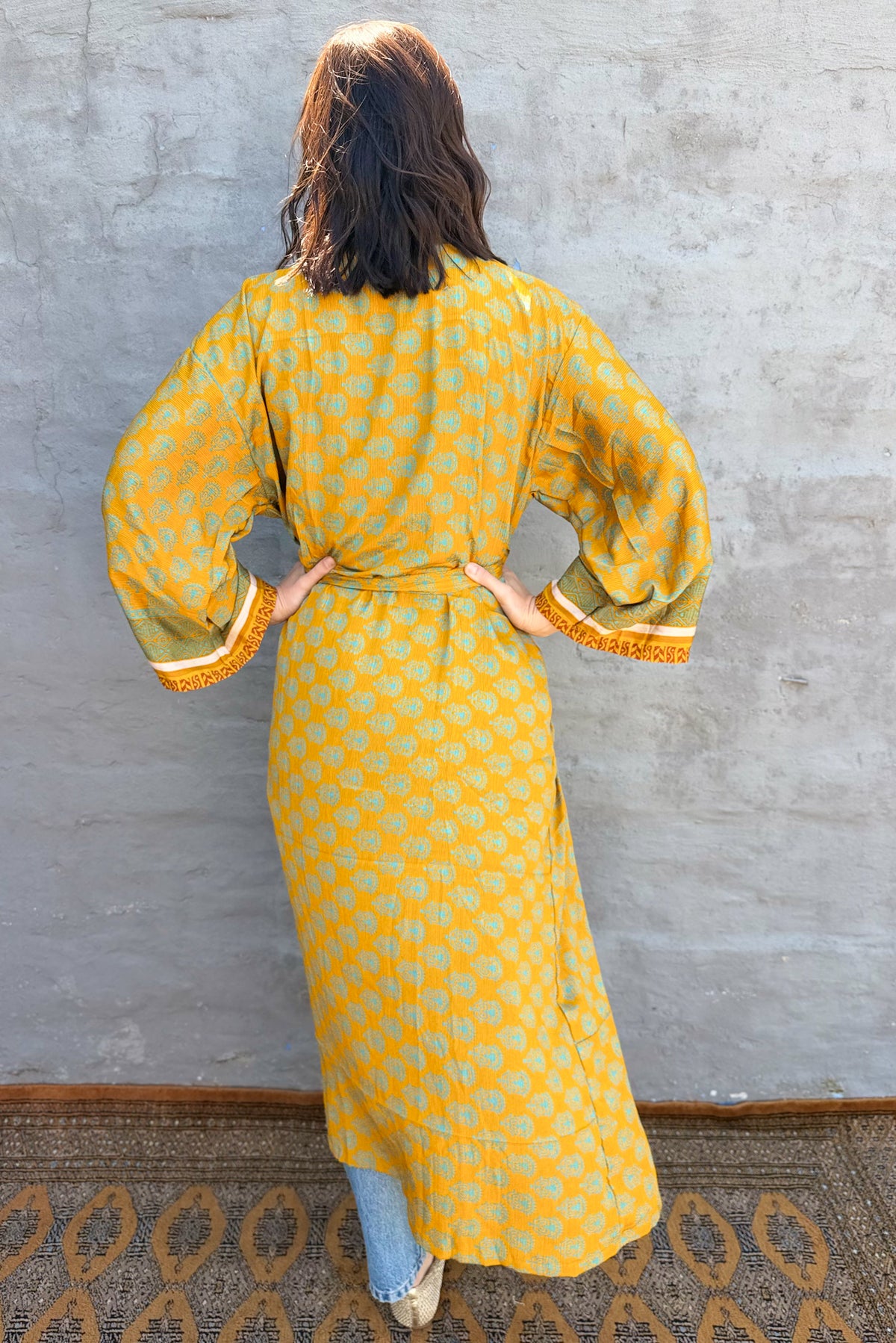 Upcycled Silk Sari Kimono In Golden Aqua