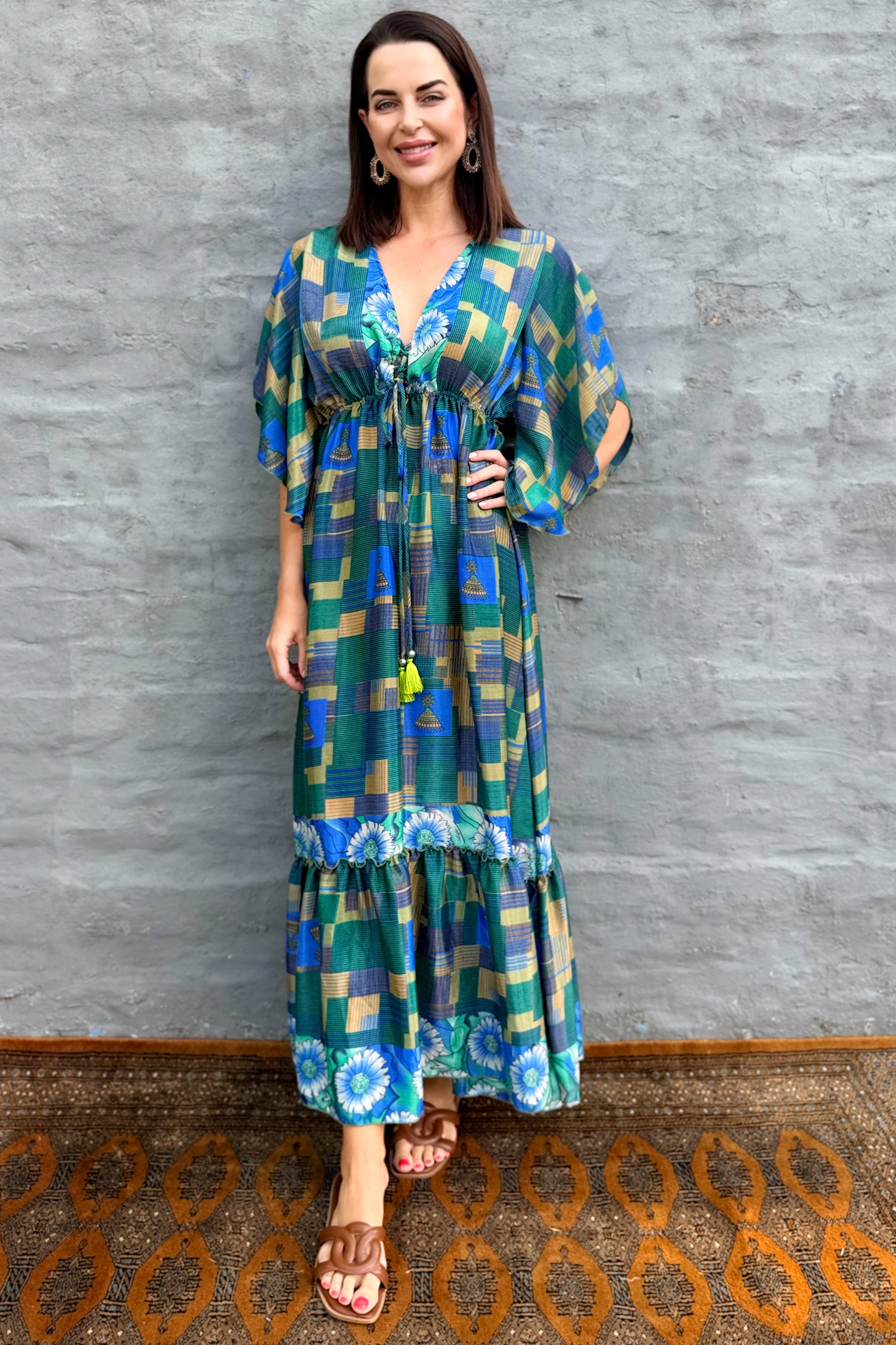 Aurora Dress In Blue Green Geometric