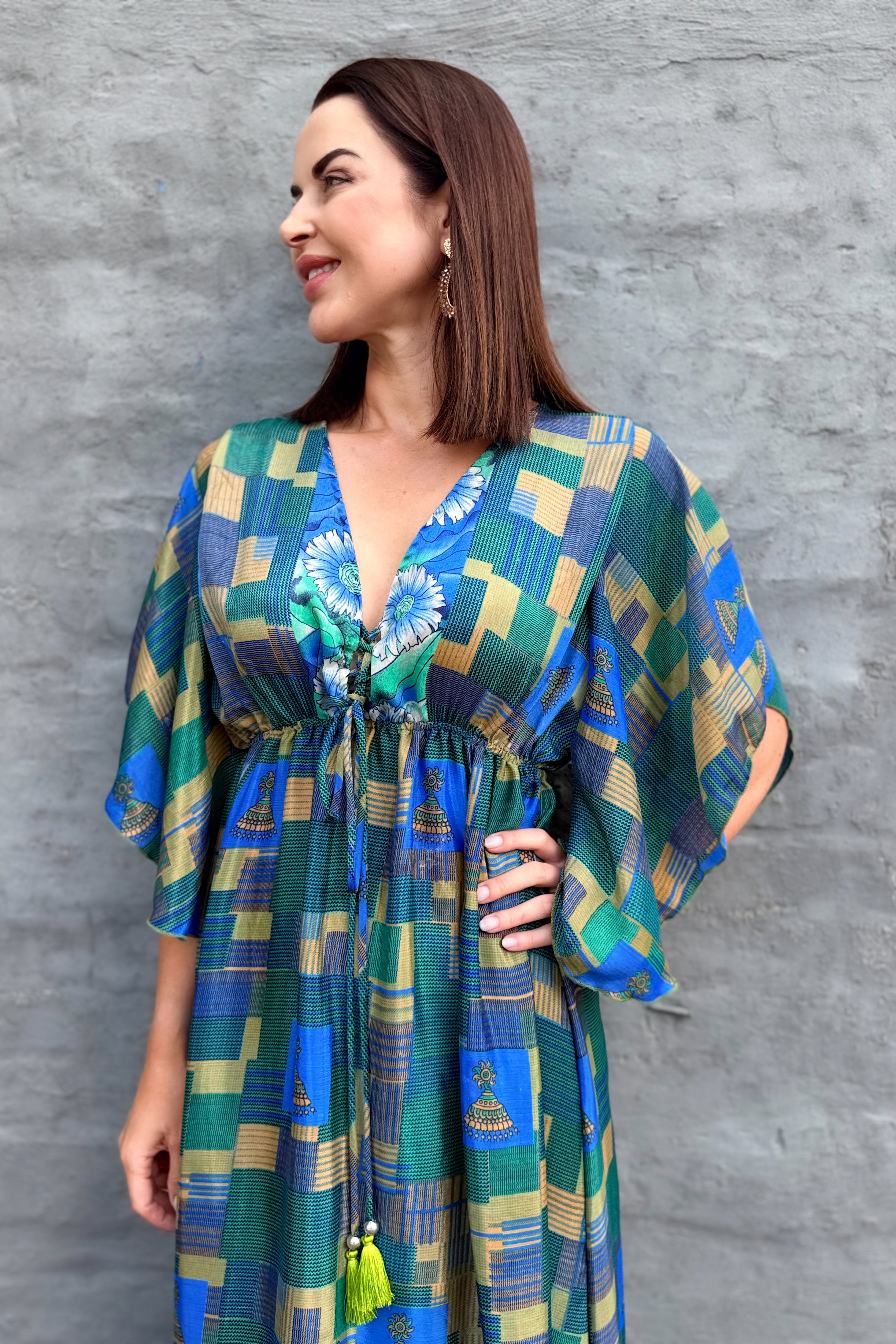 Aurora Dress In Blue Green Geometric