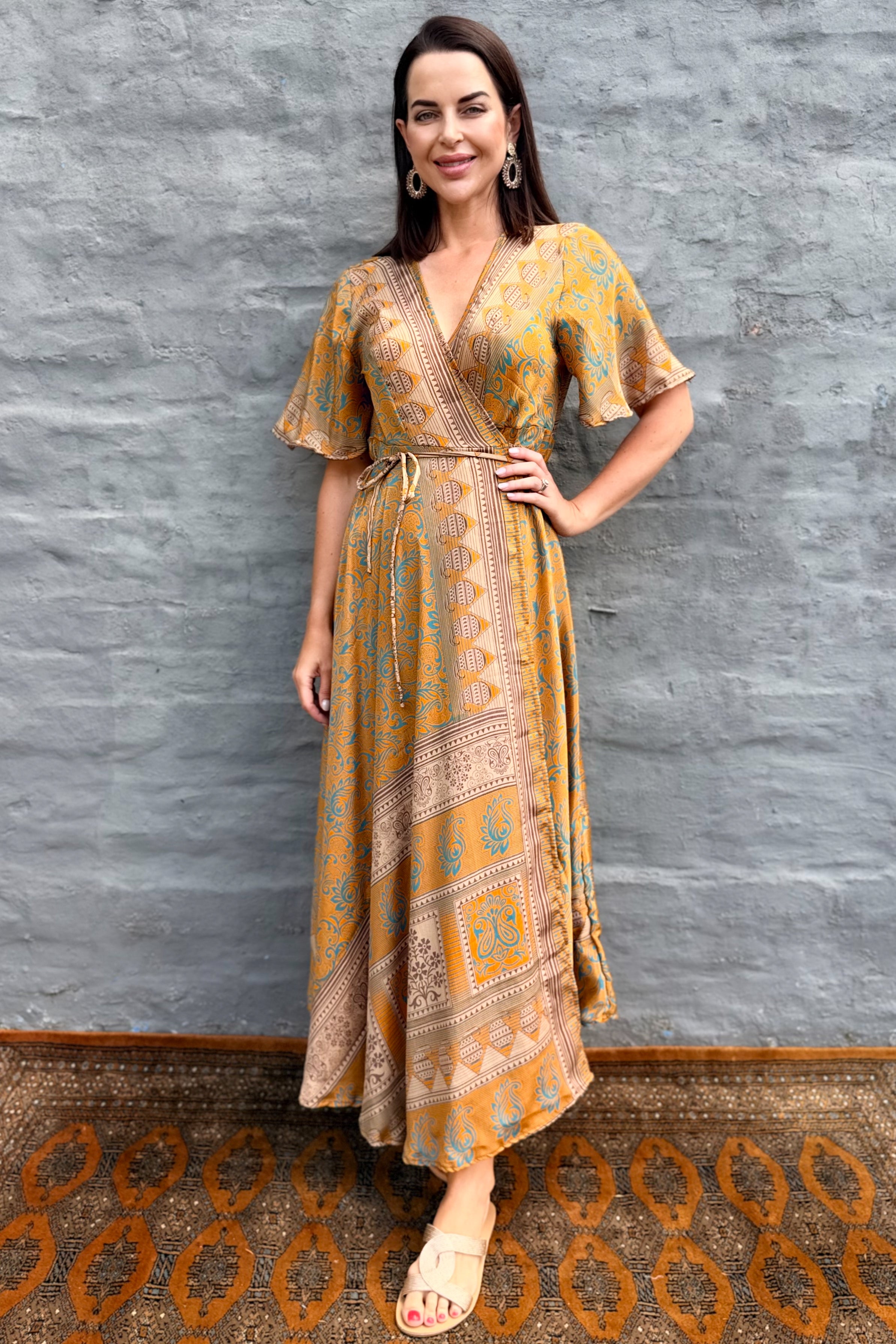 Ruth Wrap Dress In Golden Damask