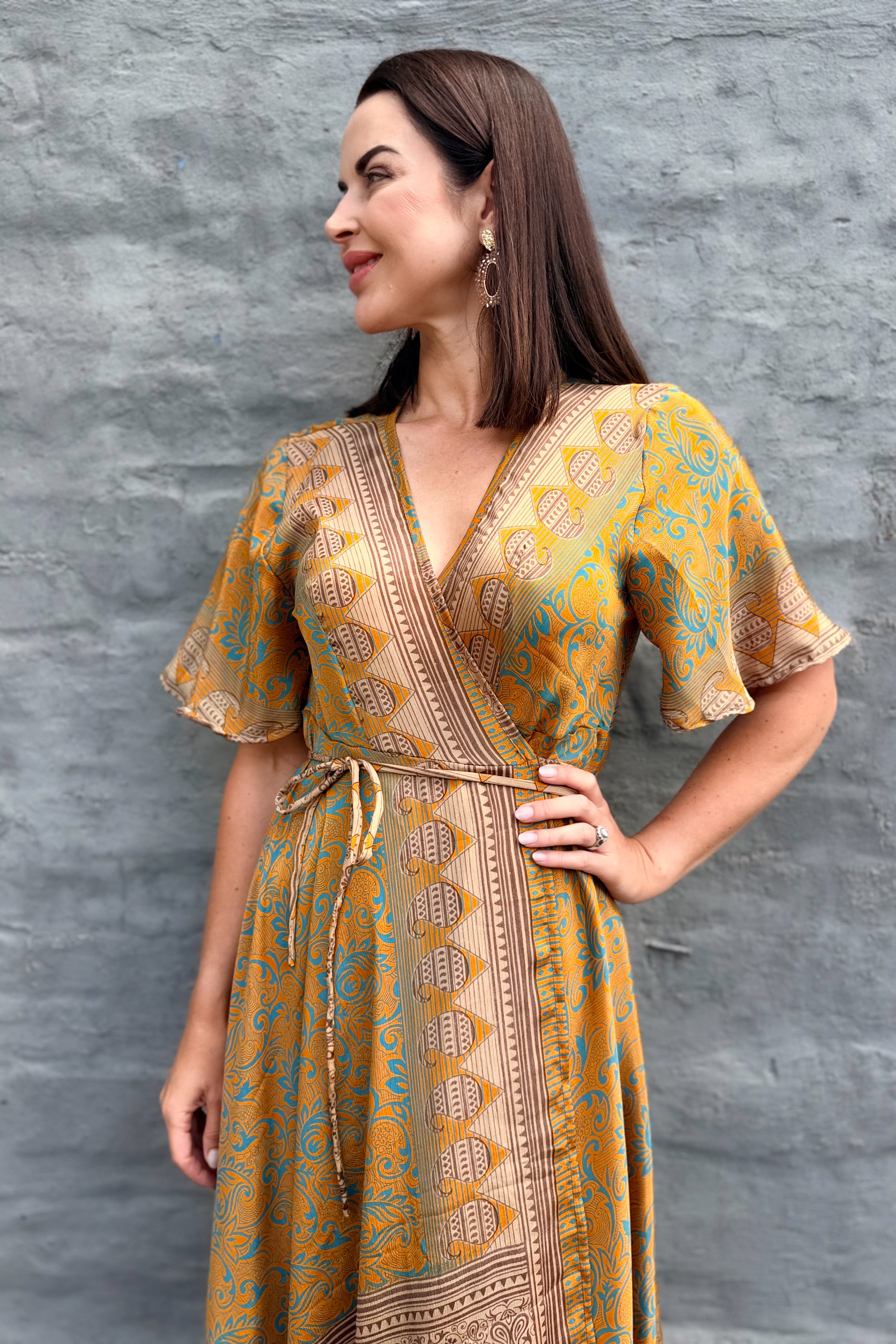 Ruth Wrap Dress In Golden Damask