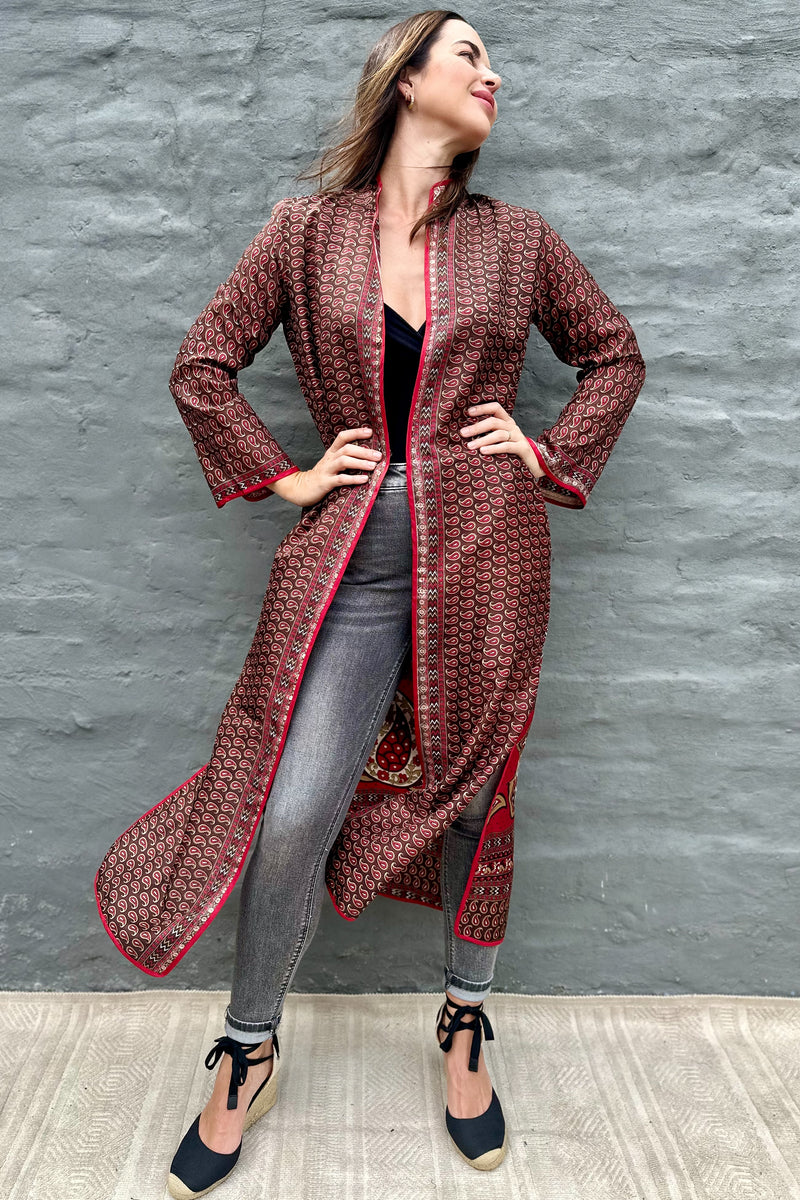 Upcycled Silk Sari Kimono In Ruby Paisley