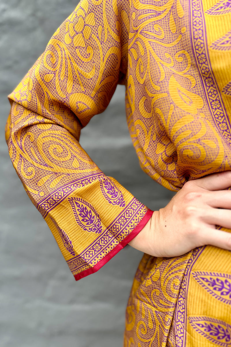 Upcycled Silk Sari Kimono In Gold & Purple Damask