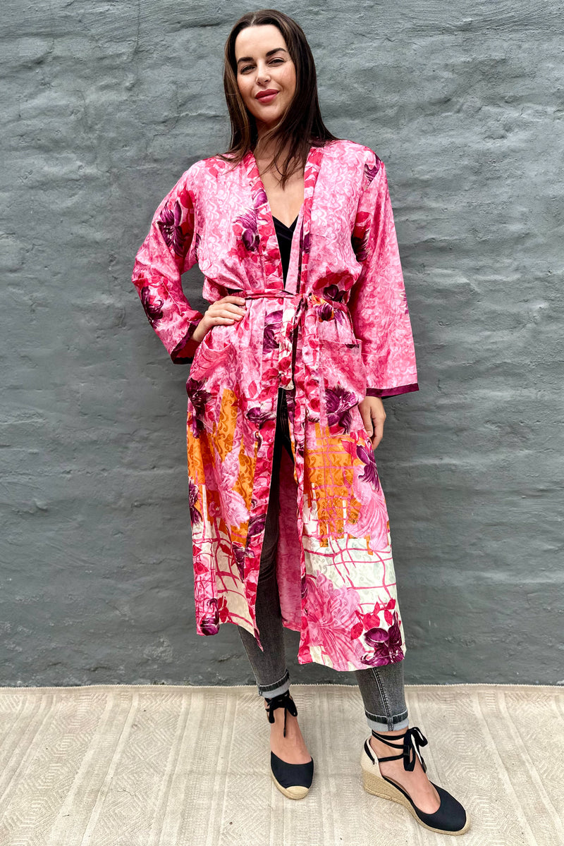 Upcycled Silk Sari Kimono In Pink Lily