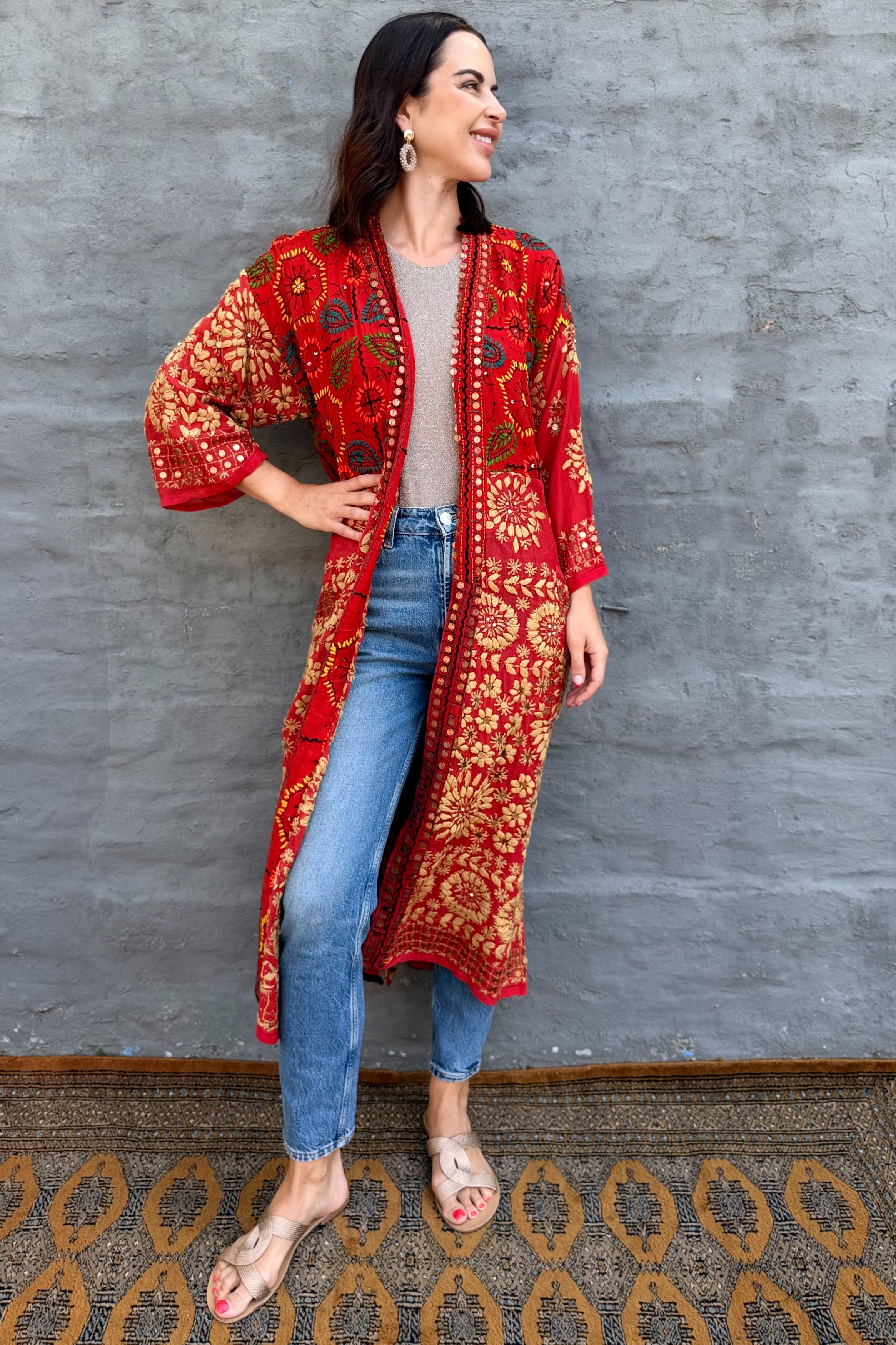 Phulkari Kimono In Ruby Red