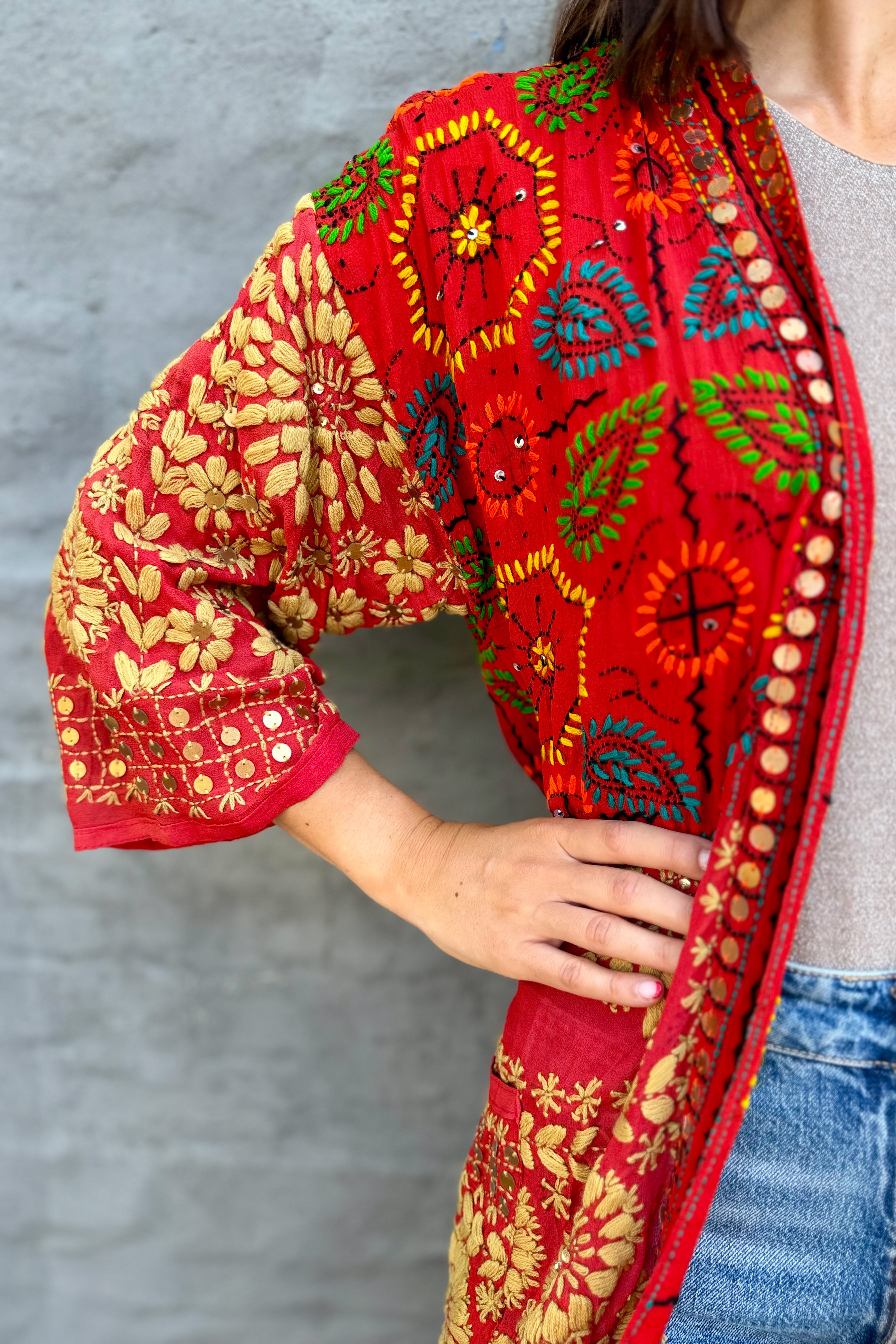 Phulkari Kimono In Ruby Red