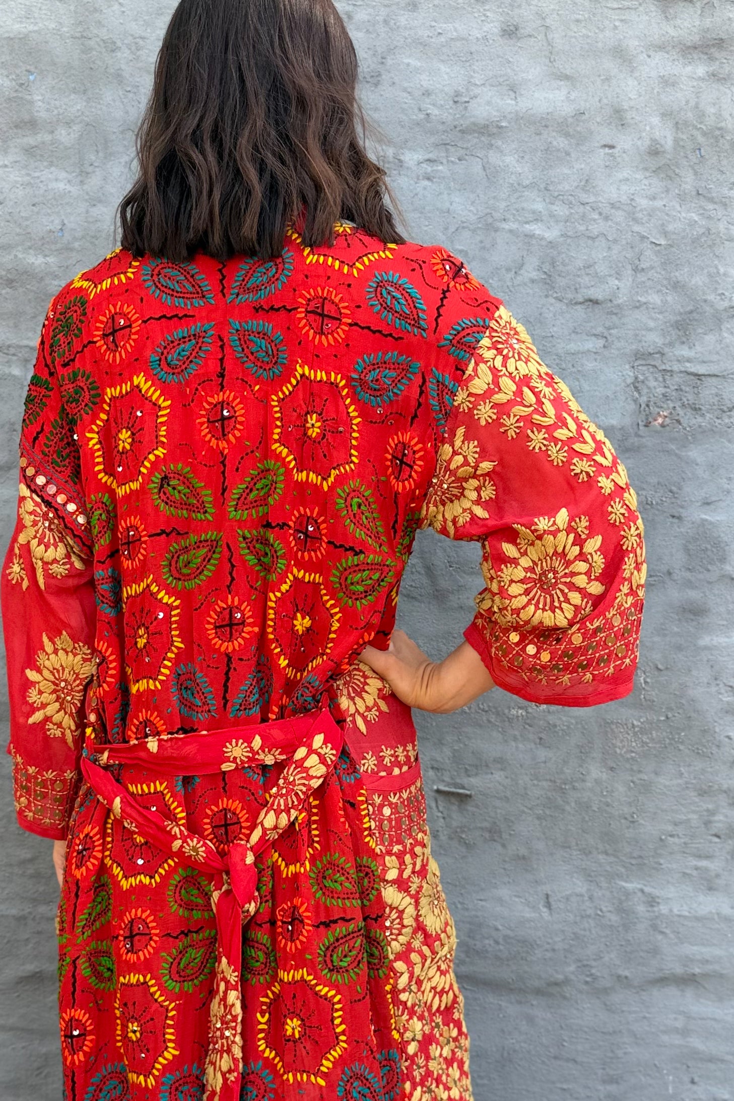 Phulkari Kimono In Ruby Red