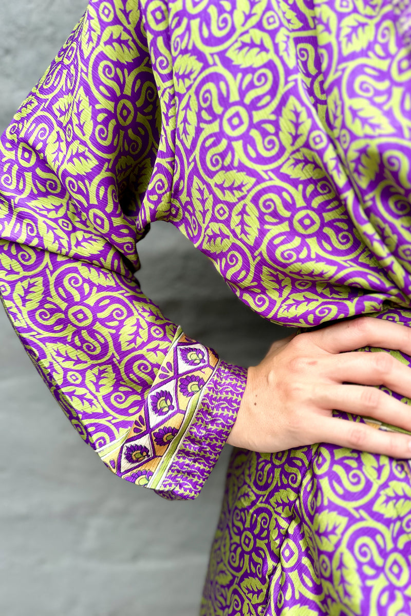 Upcycled Silk Sari Kimono In Purple & Lime Paisley