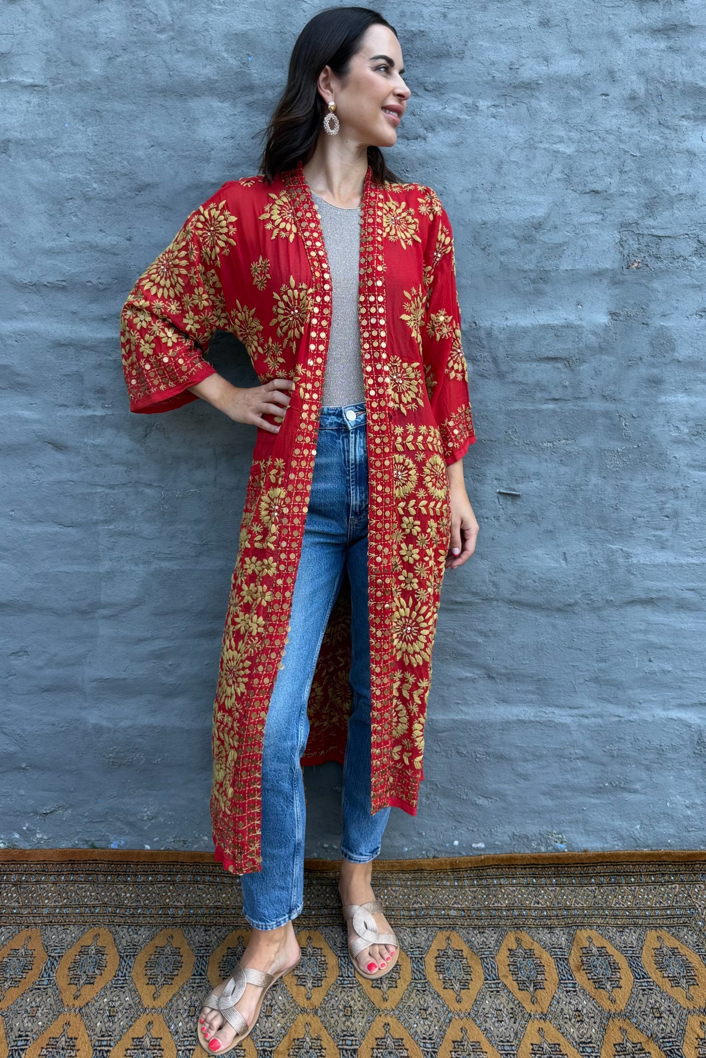 Phulkari Kimono In Golden Scarlet