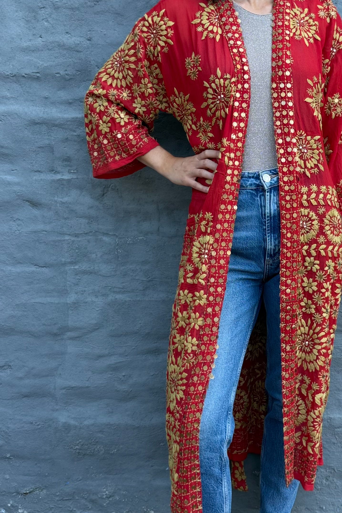 Phulkari Kimono In Golden Scarlet