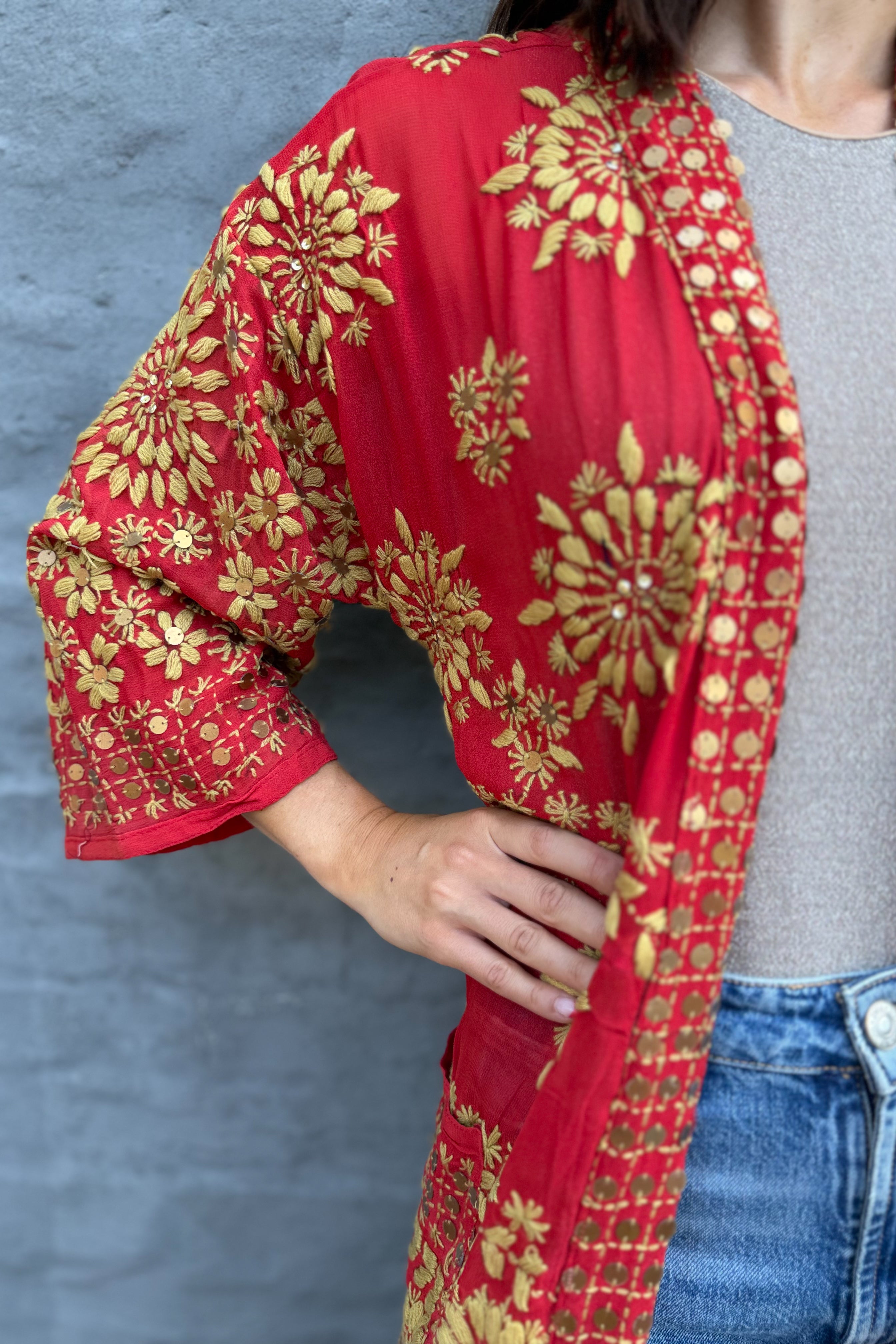 Phulkari Kimono In Golden Scarlet