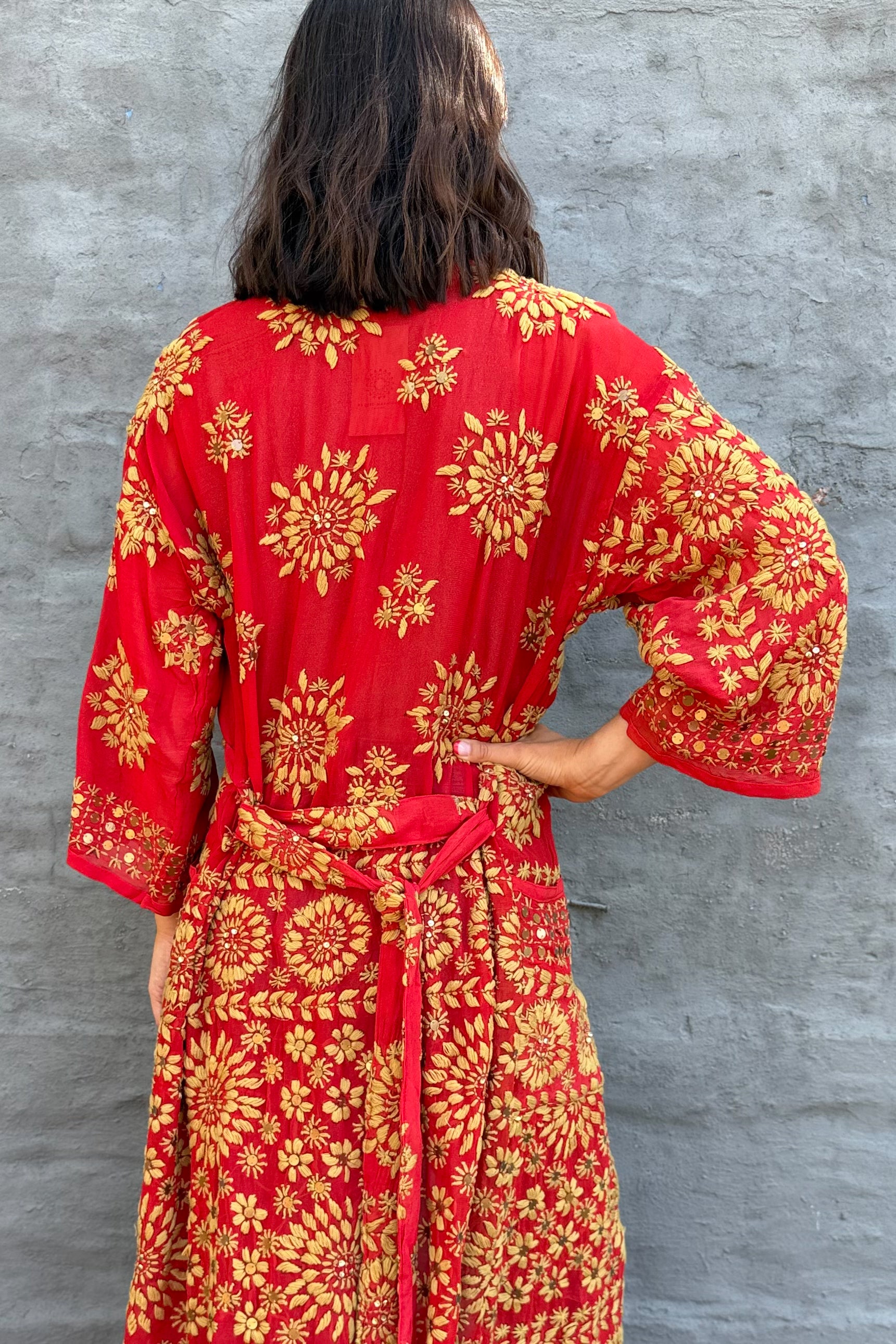 Phulkari Kimono In Golden Scarlet