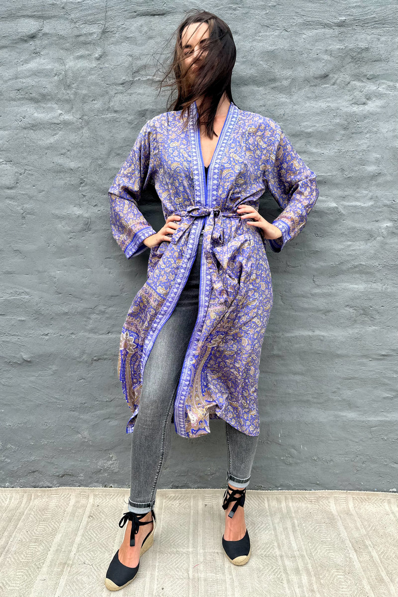 Upcycled Silk Sari Kimono In Lavender Paisley