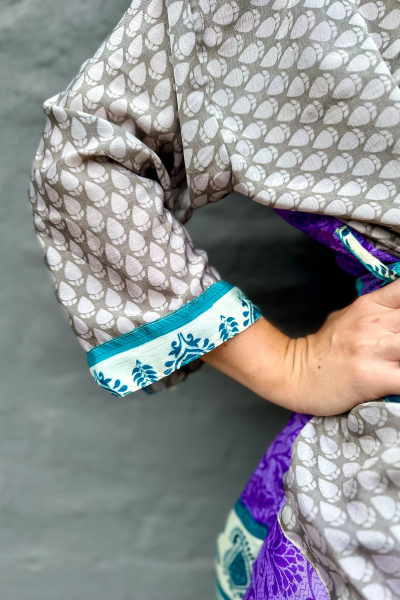 Upcycled Silk Sari Kimono In Silvery Purple