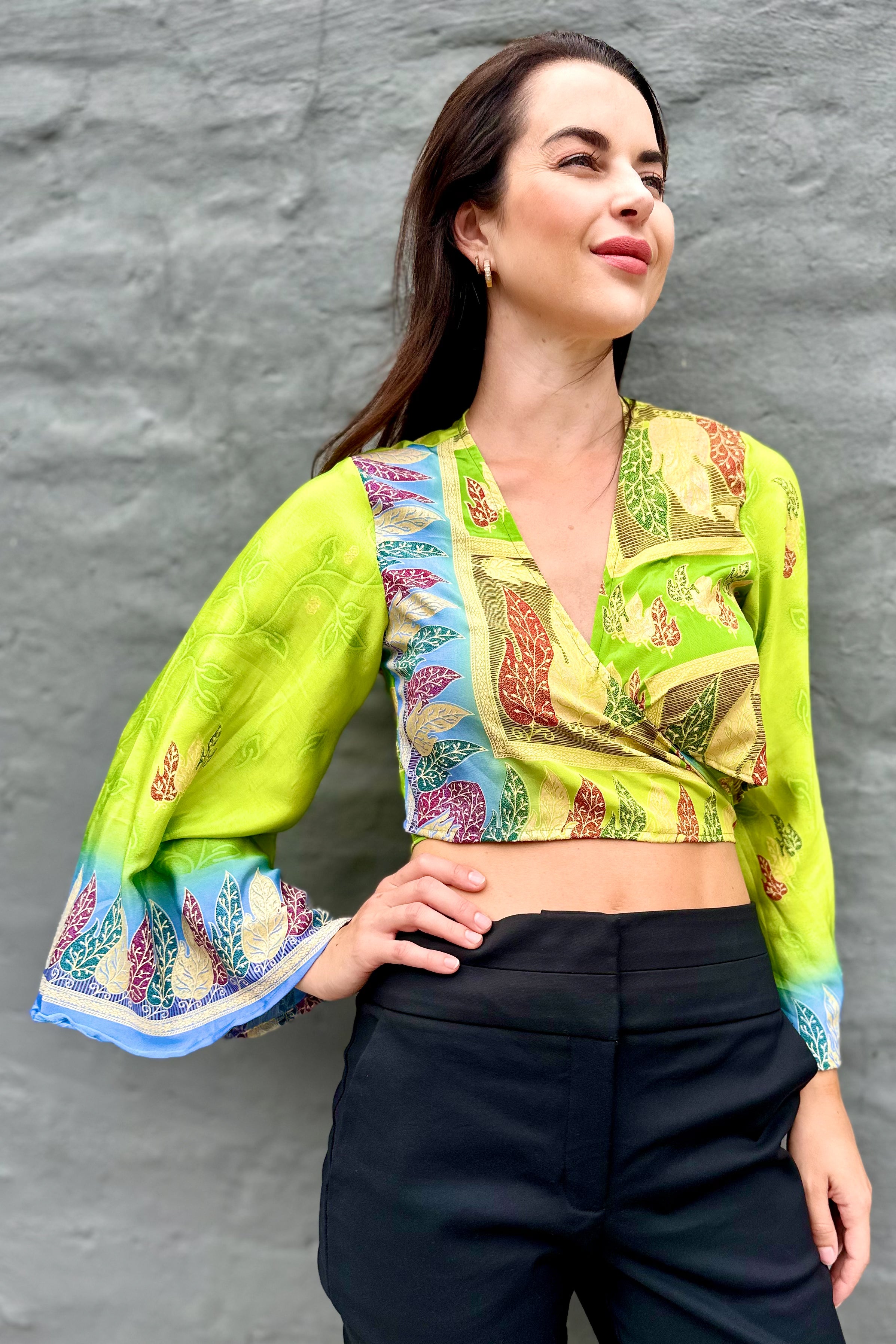 Upcycled Silk Sari Wrap Blouse In Lime Leaves