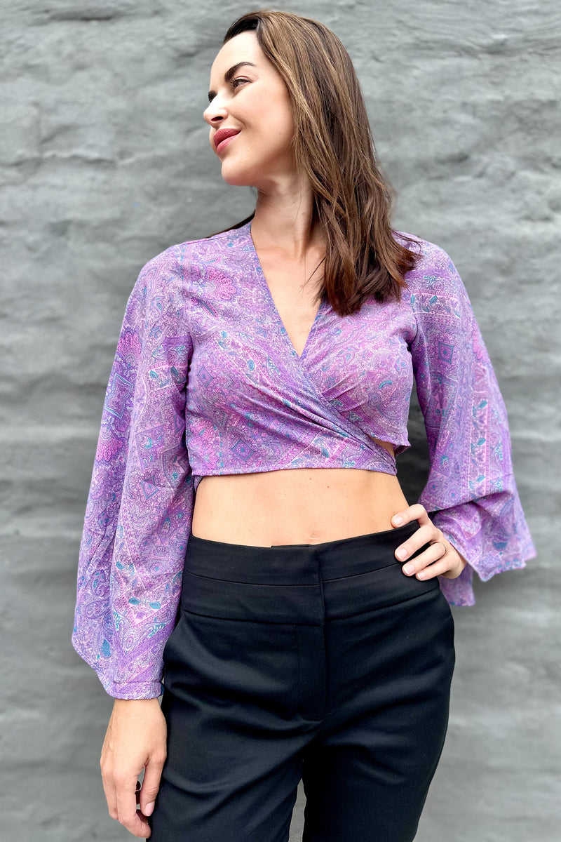 Upcycled Silk Sari Wrap Blouse In Luscious Lilac