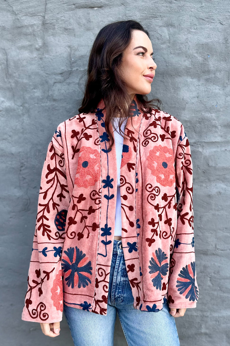 Velvet Suzani Jacket In Dusty Peach