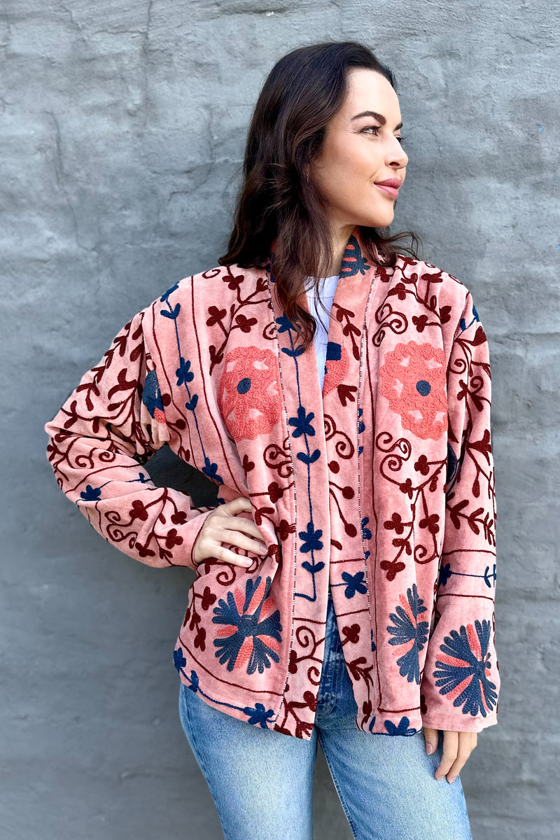 Velvet Suzani Jacket In Dusty Peach