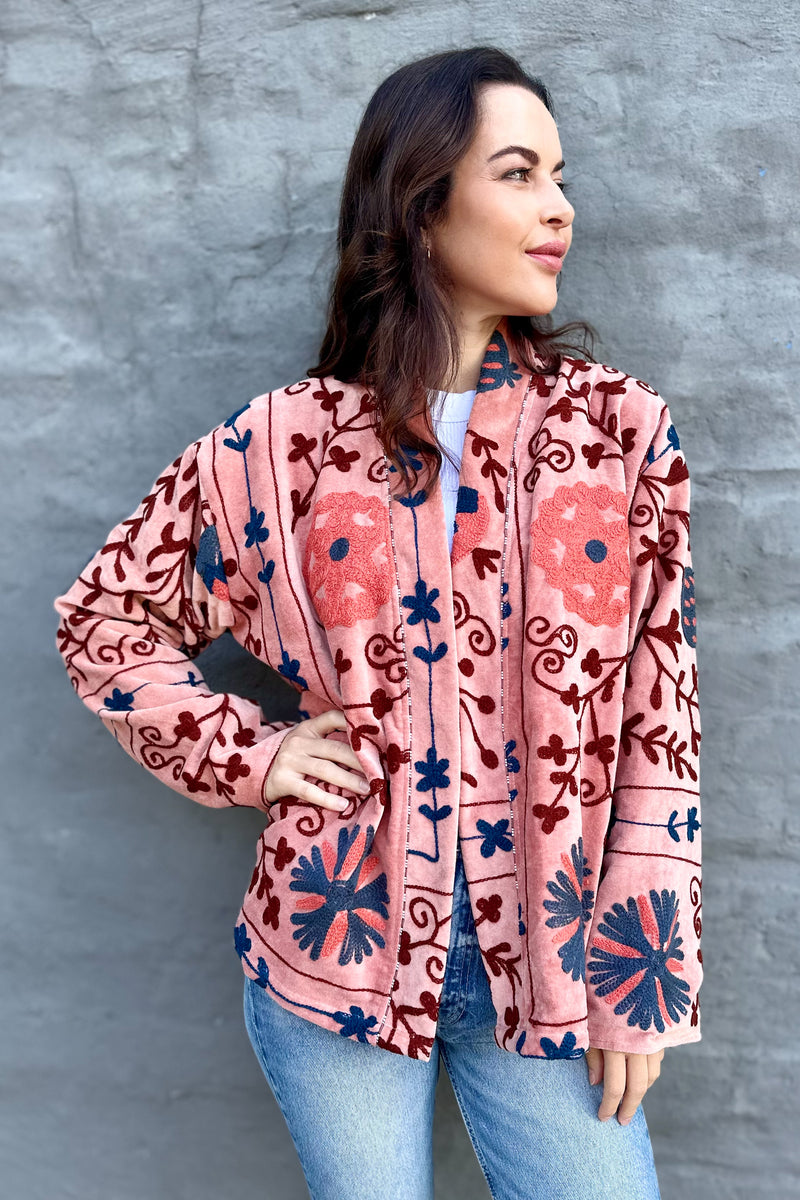 Velvet Suzani Jacket In Dusty Peach