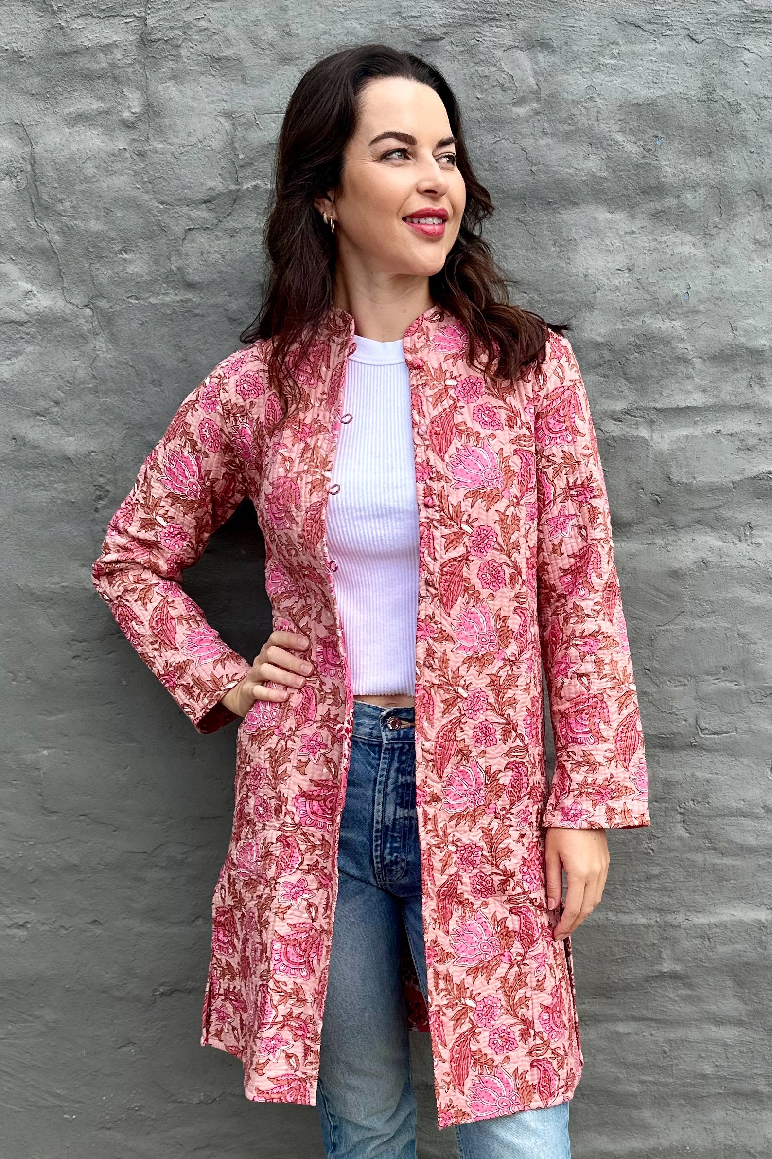 Quilted Cotton Coat In Pink Botanical