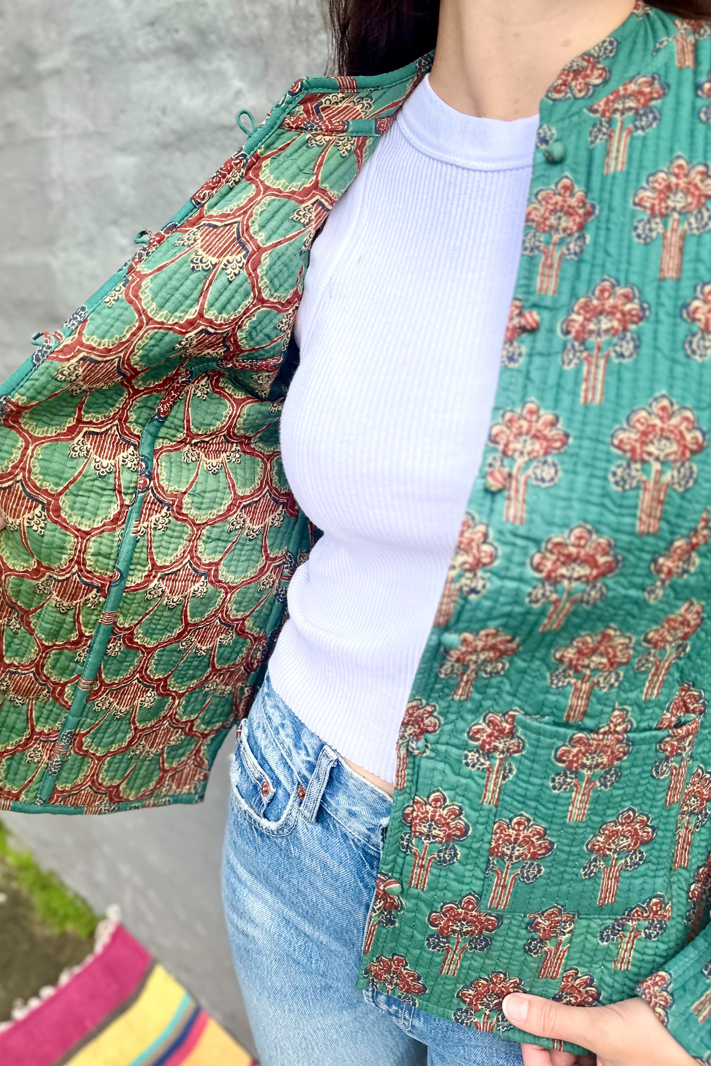 Quilted Cotton Jacket In Blue Green Flora – Exotic Marigold Boutique