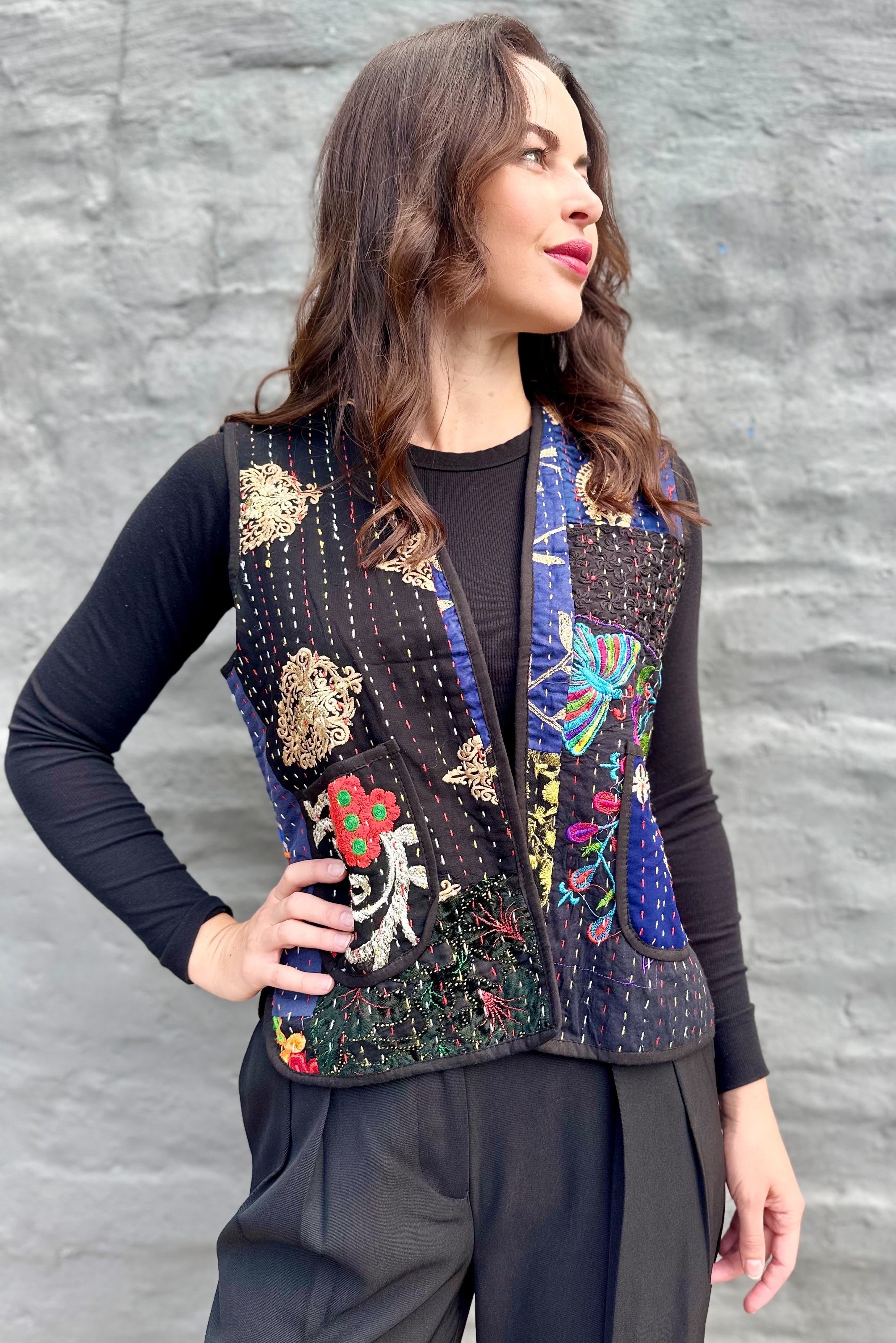 Kantha Waistcoat In Ebony