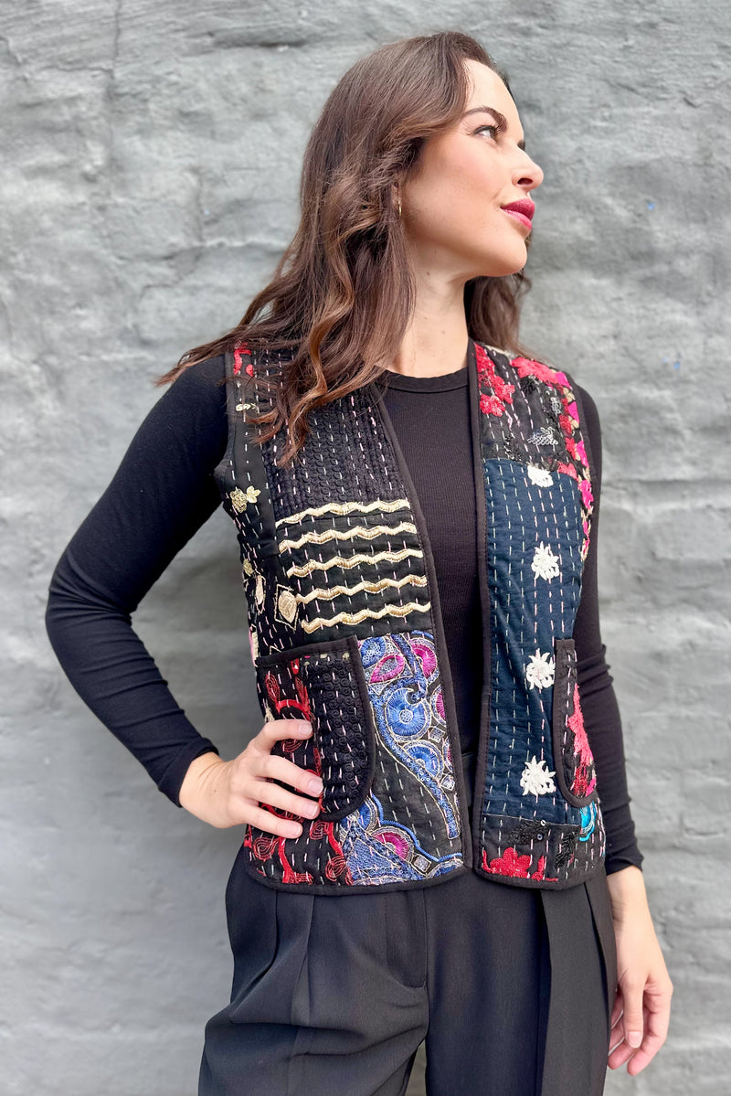 Kantha Waistcoat In Asphalt