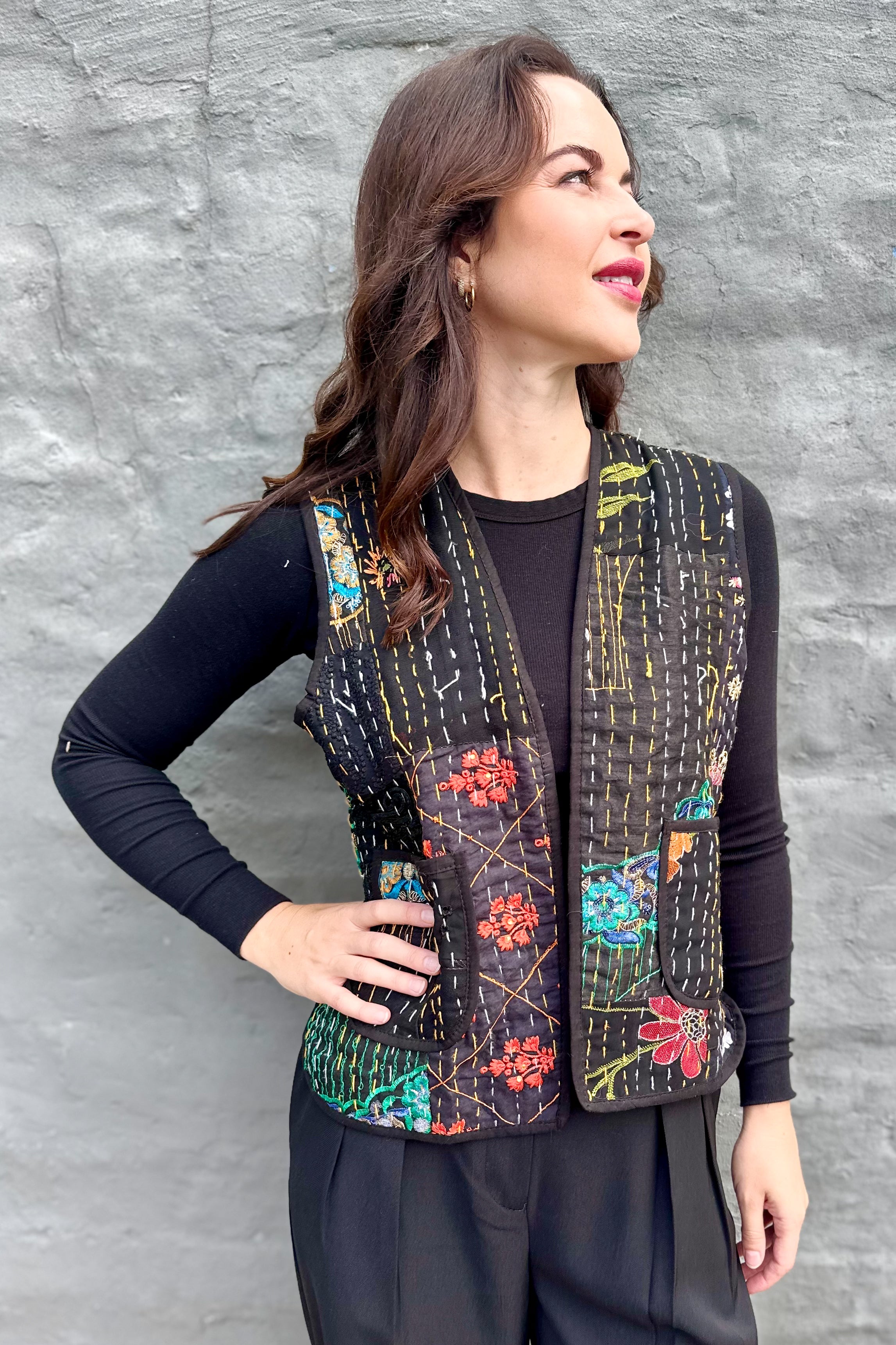 Kantha Waistcoat In Coal