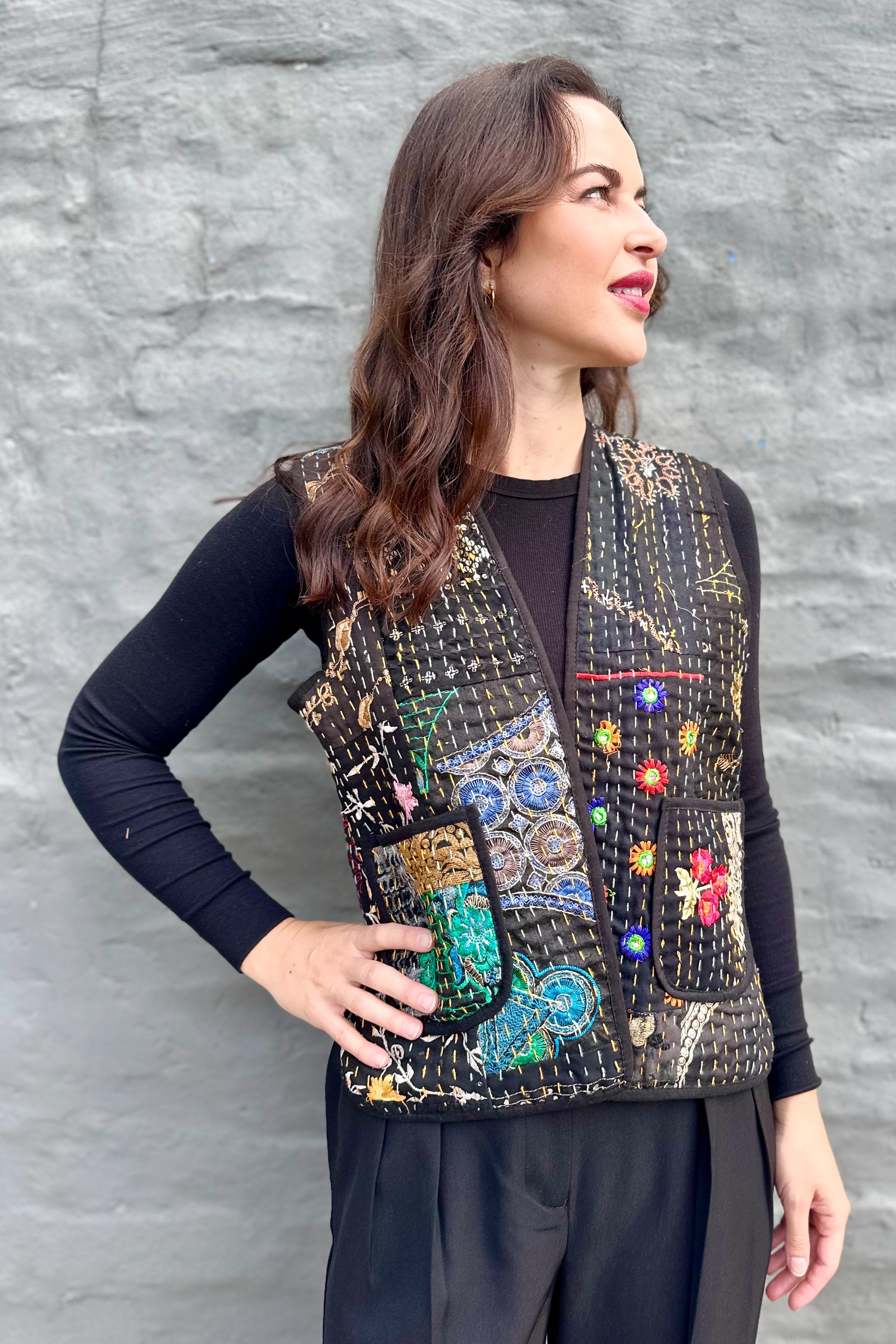 Kantha Waistcoat In Obsidian