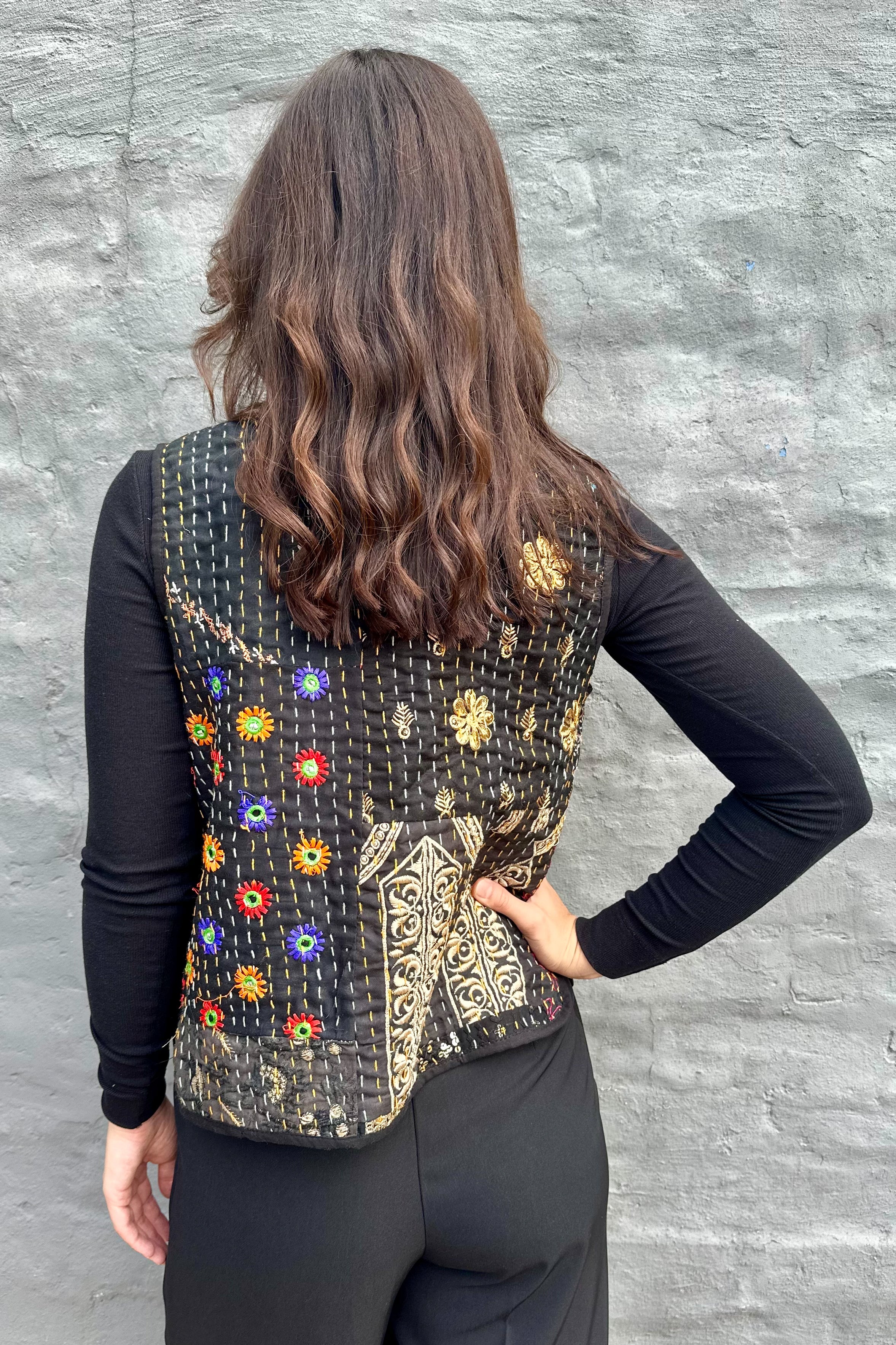 Kantha Waistcoat In Obsidian