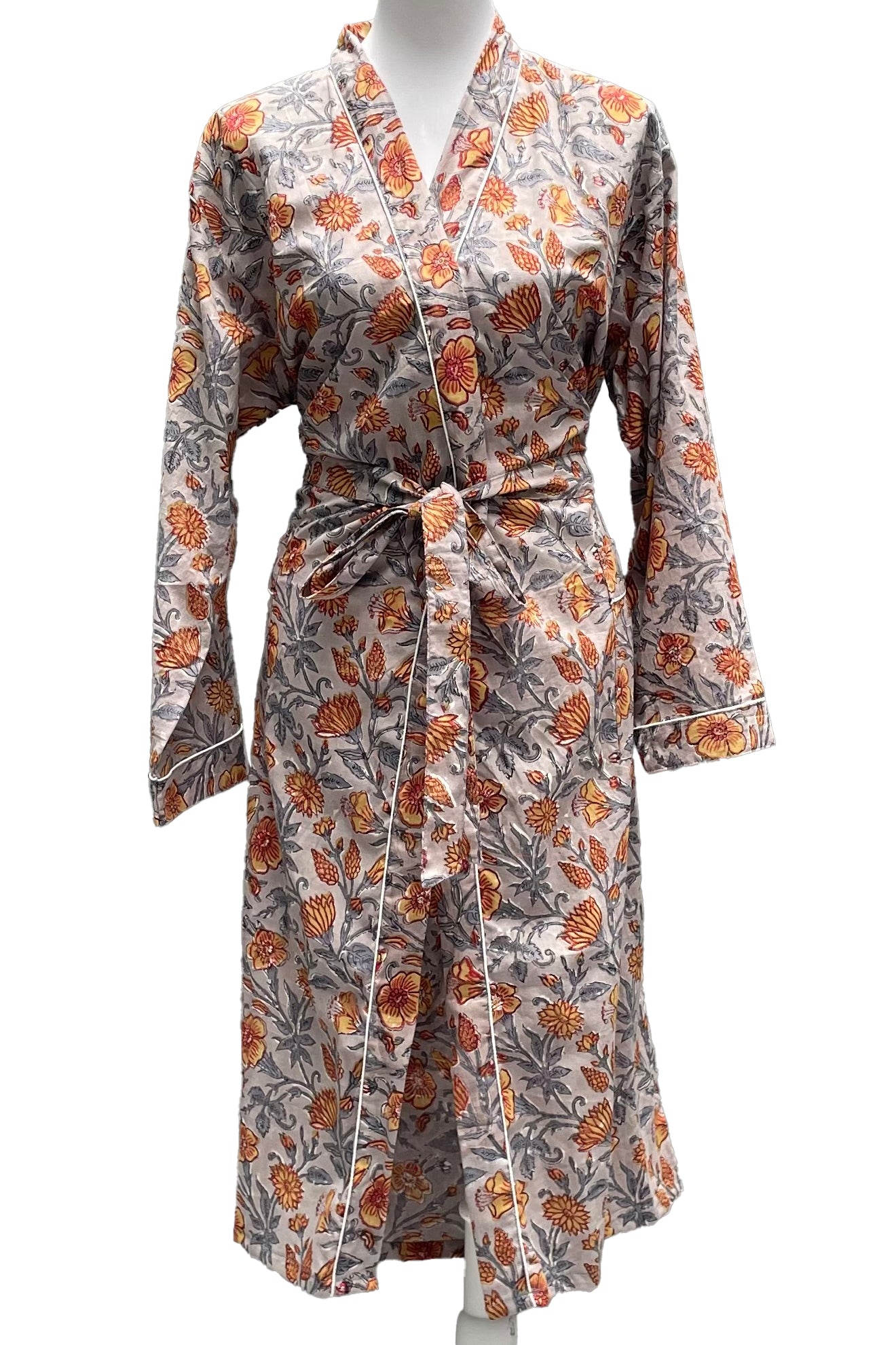 Cotton Kimono In Grey Botanical