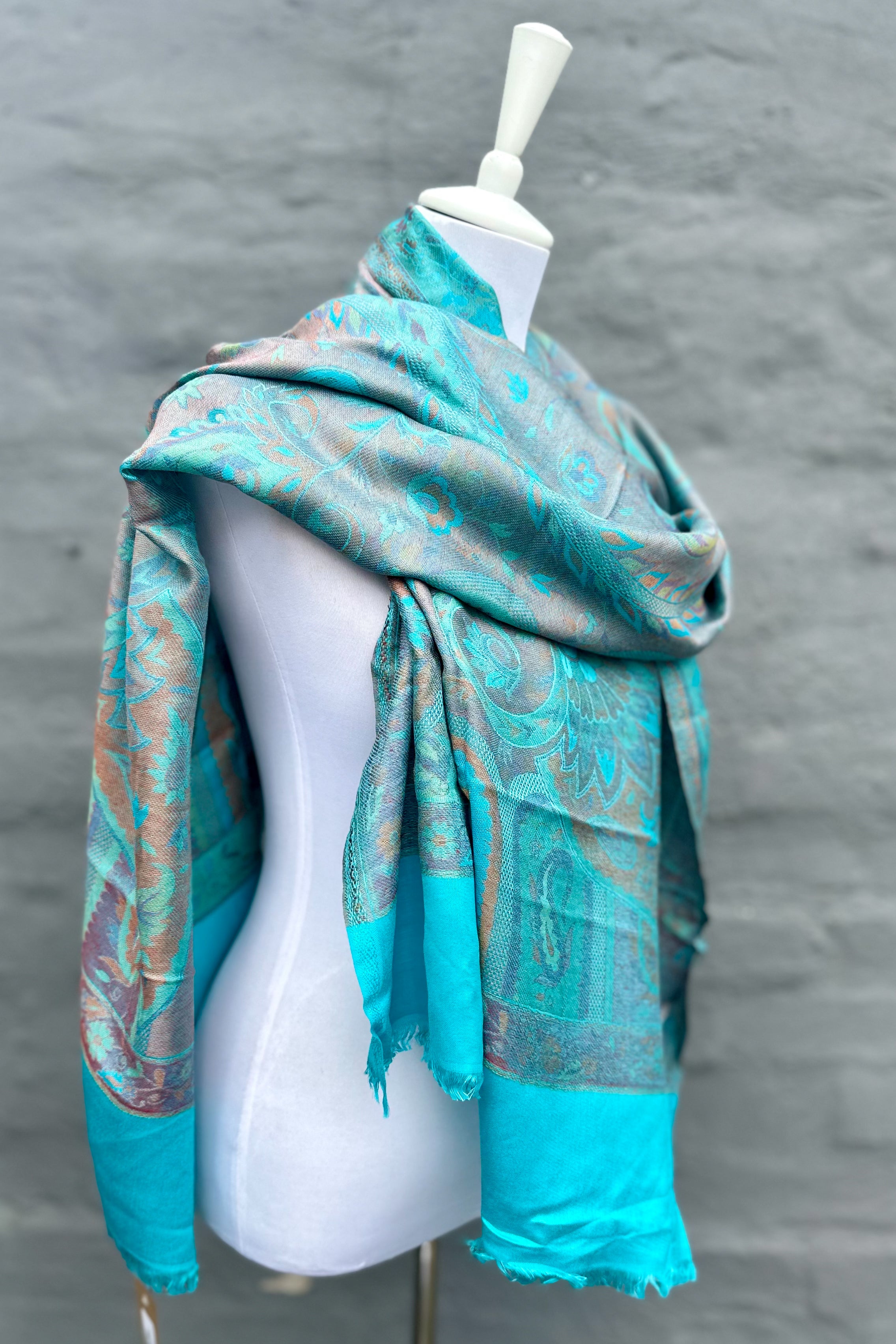 Cashmere & Bamboo Scarf In Turquoise Paisley