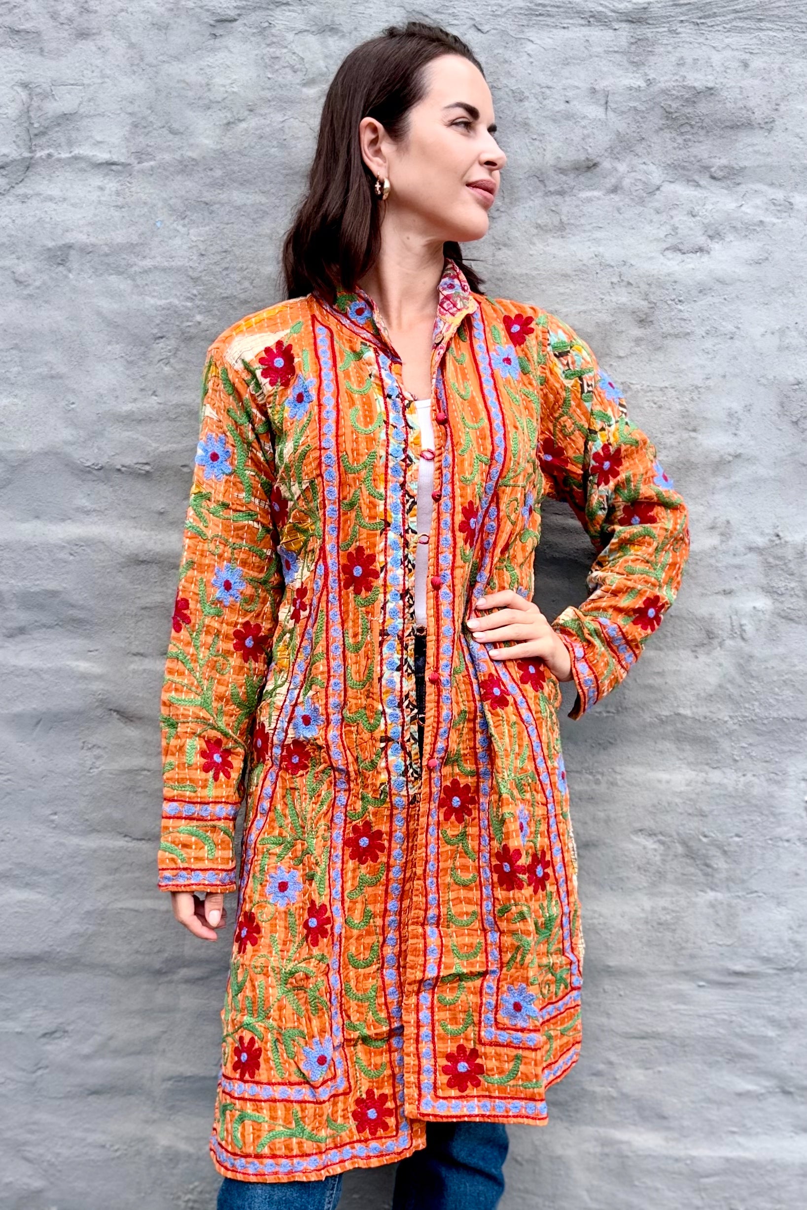 Embroidered Kantha Jacket In Sky & Red Daisy