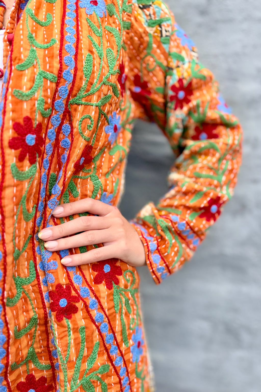 Embroidered Kantha Jacket In Sky & Red Daisy