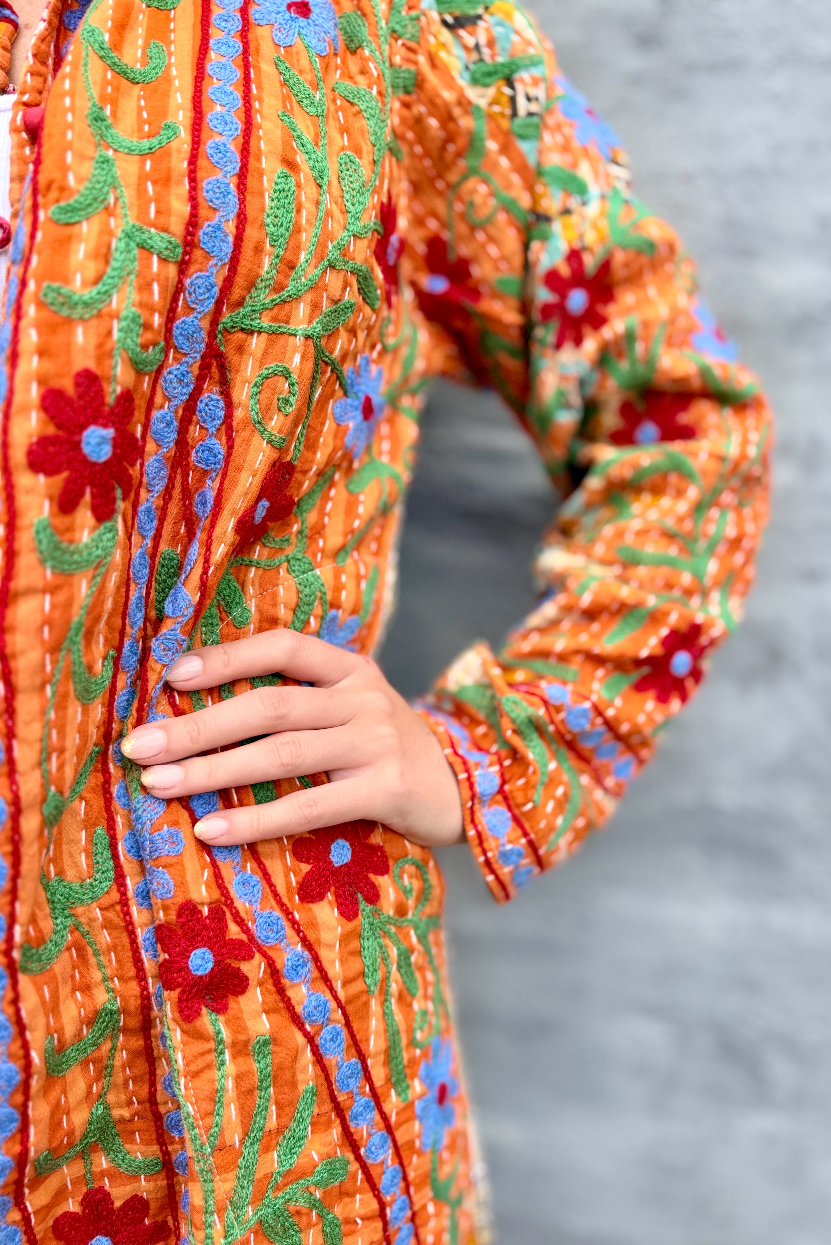 Embroidered Kantha Jacket In Sky & Red Daisy