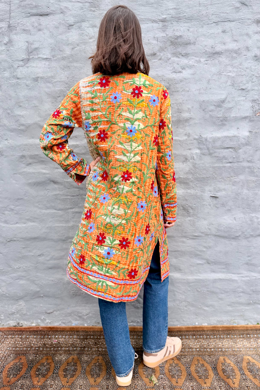 Embroidered Kantha Jacket In Sky & Red Daisy