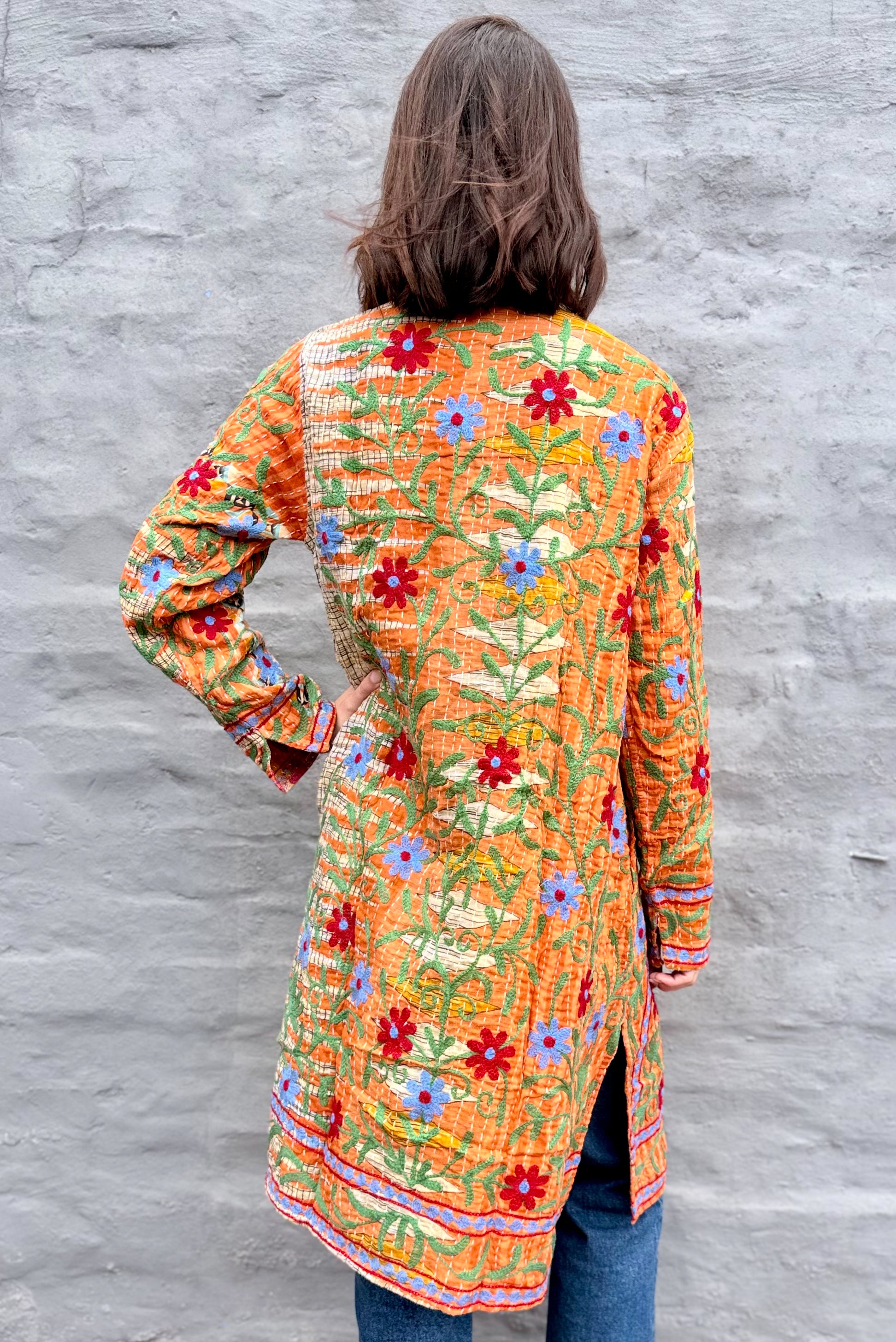 Embroidered Kantha Jacket In Sky & Red Daisy