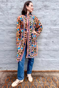 Embroidered Kantha Jacket In Navy & Sky Daisy