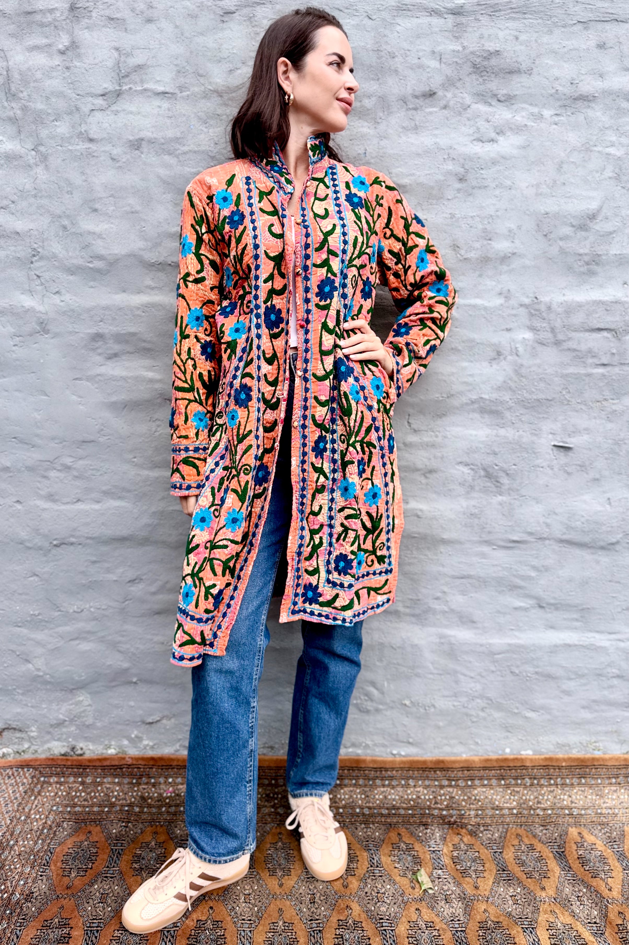 Embroidered Kantha Jacket In Navy & Sky Daisy