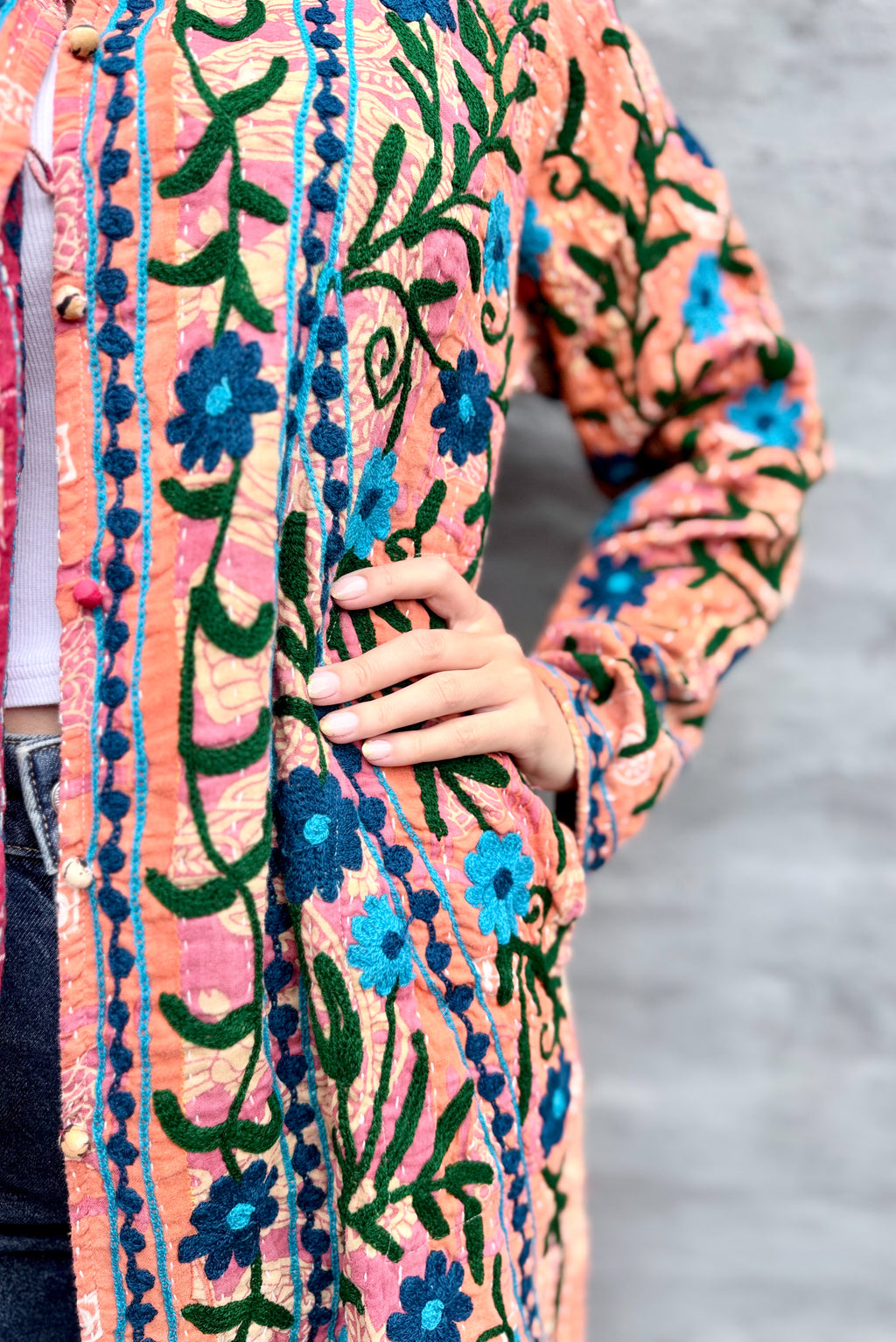 Embroidered Kantha Jacket In Navy & Sky Daisy