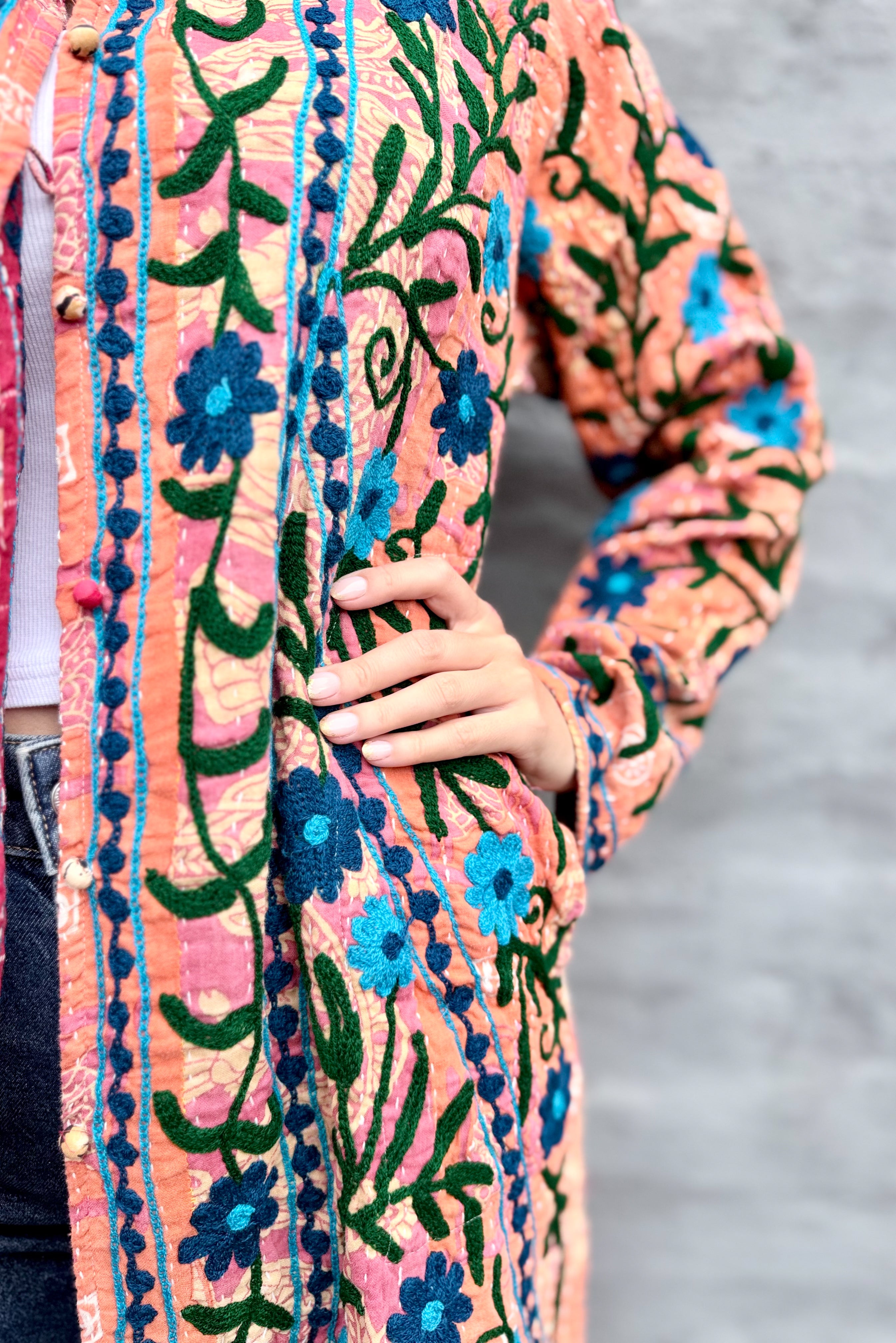 Embroidered Kantha Jacket In Navy & Sky Daisy