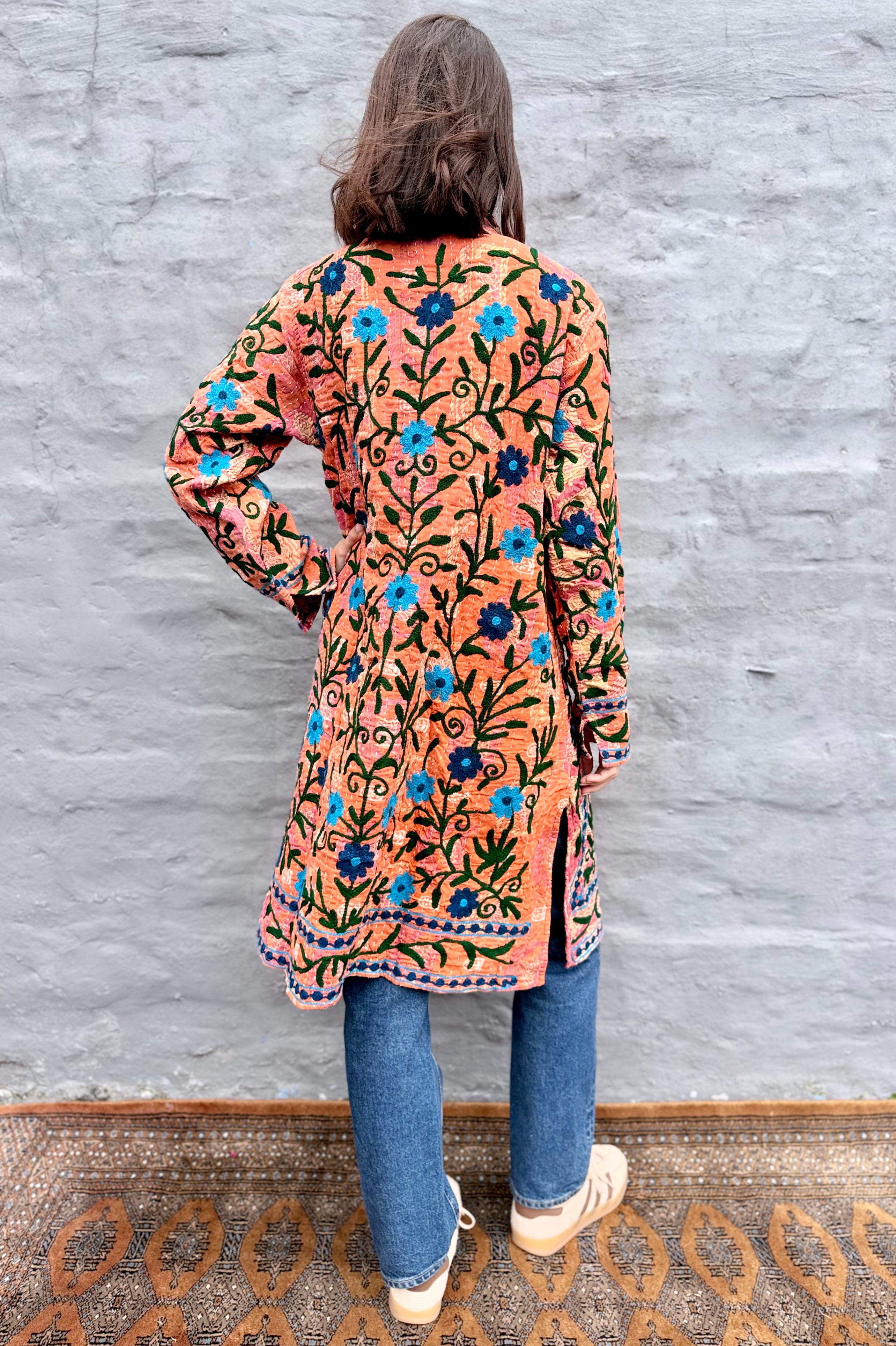 Embroidered Kantha Jacket In Navy & Sky Daisy