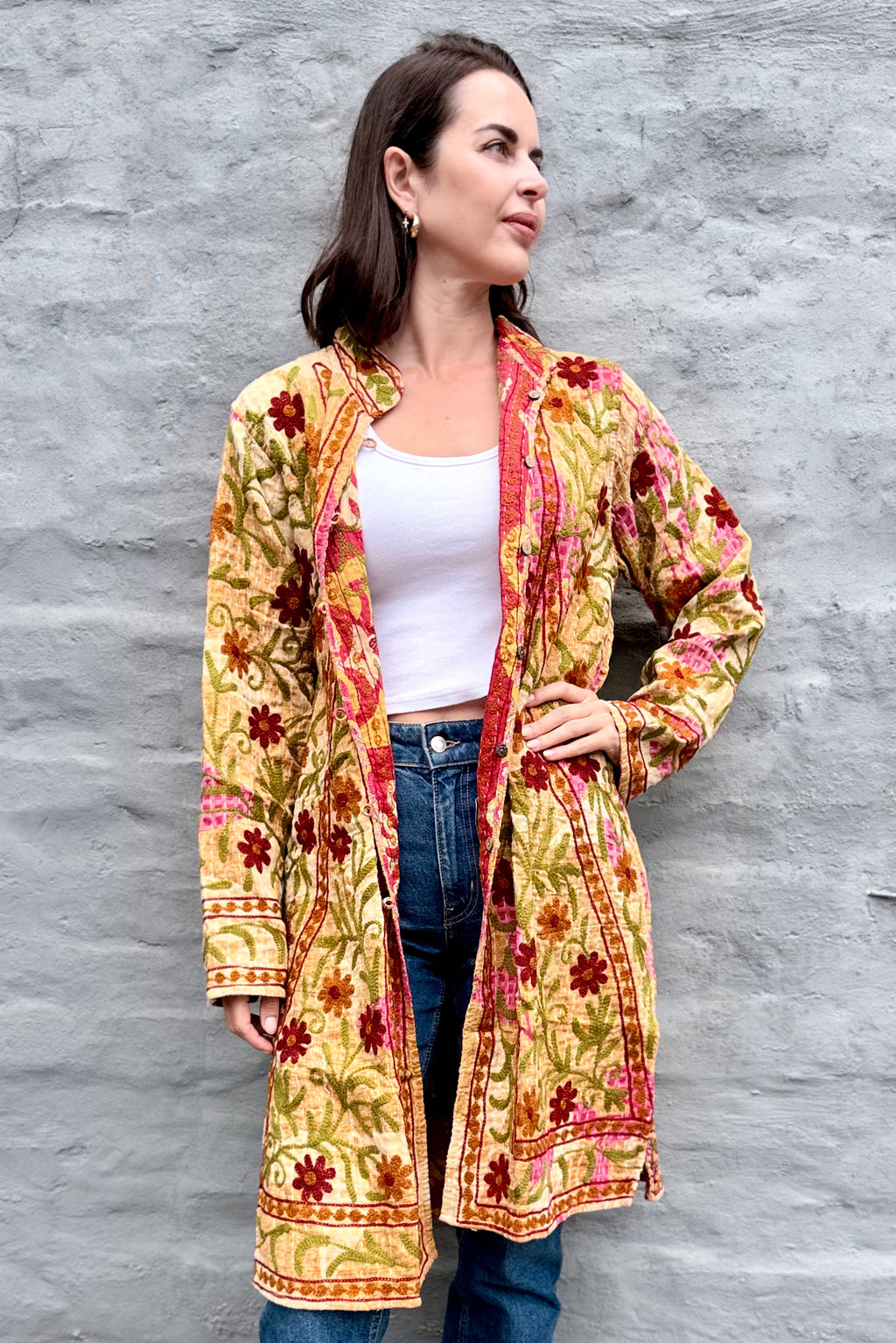 Embroidered Kantha Jacket In Rust & Tan Daisy