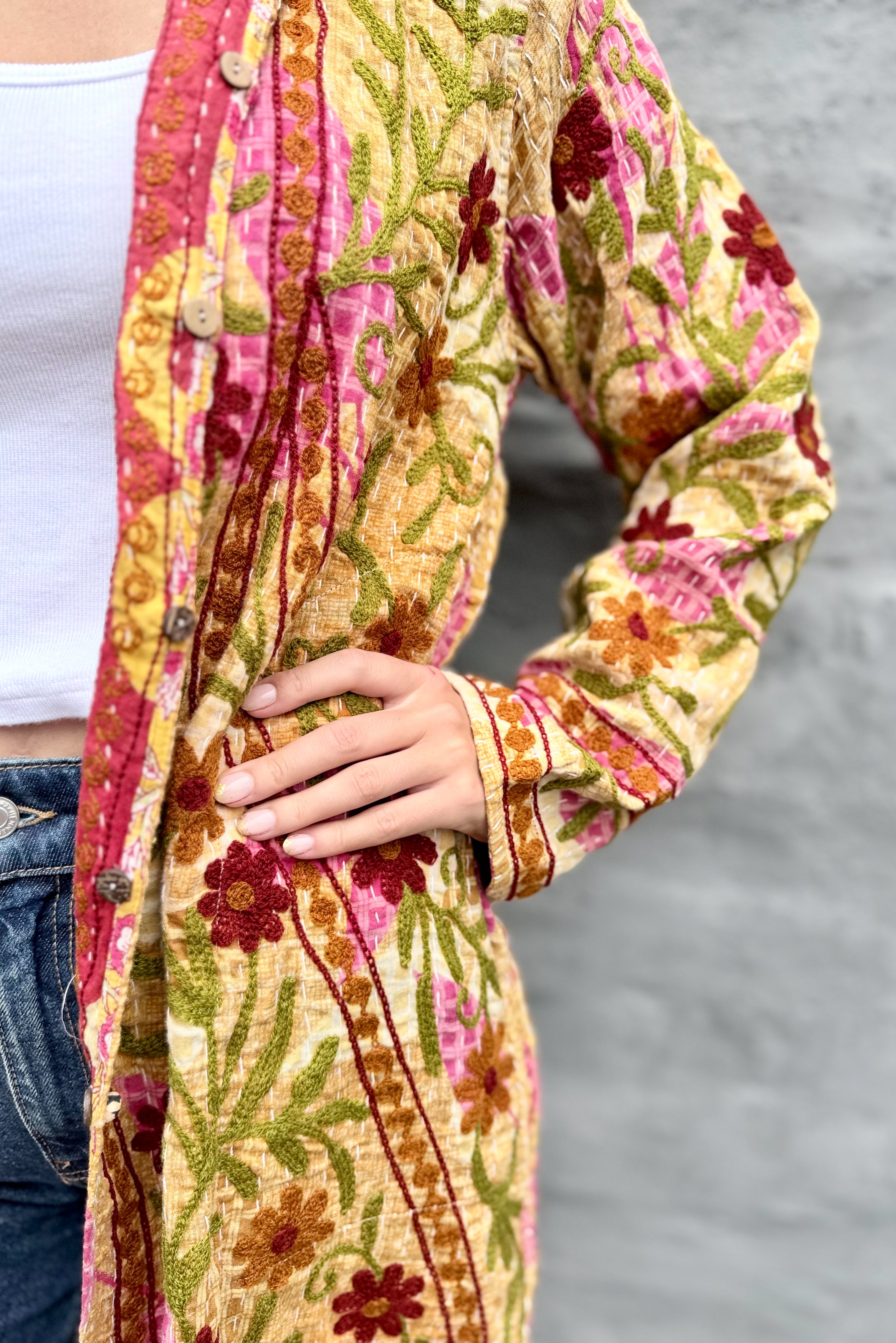 Embroidered Kantha Jacket In Rust & Tan Daisy