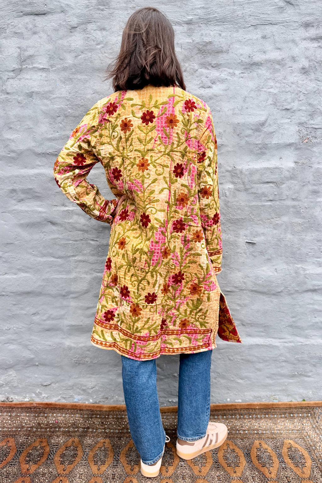 Embroidered Kantha Jacket In Rust & Tan Daisy